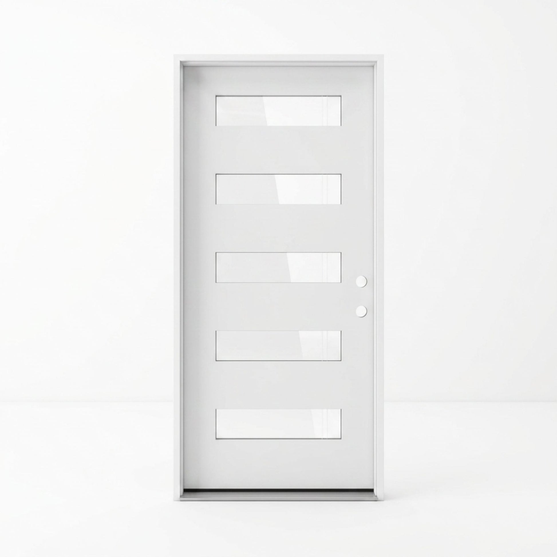 Modern white fiberglass single entry door 36x80 inches, left-hand inswing, five equally spaced clear glass panels set flush into a smooth flat panel door with a clean white finish