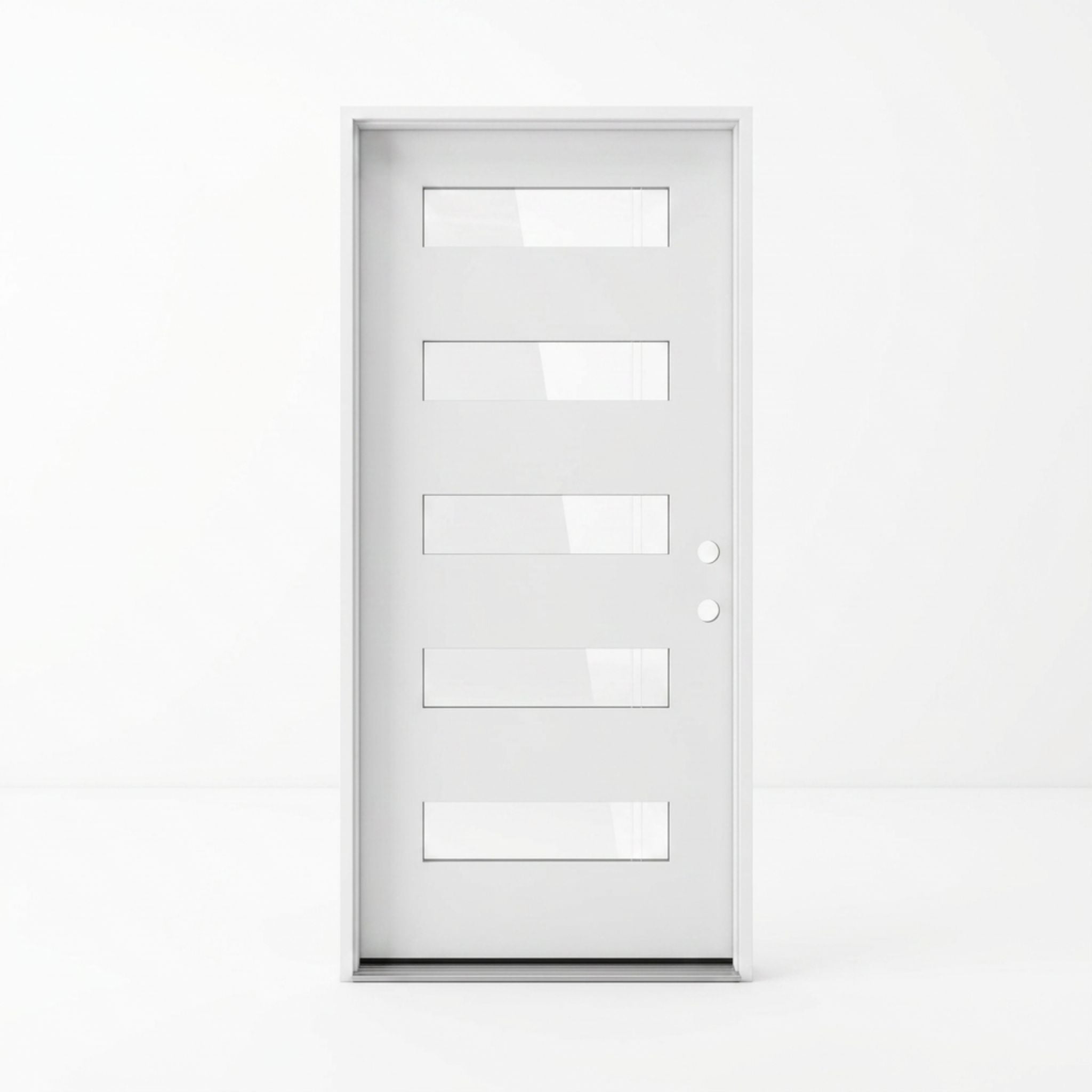Modern white fiberglass single entry door 36x80 inches, left-hand inswing, five equally spaced clear glass panels set flush into a smooth flat panel door with a clean white finish