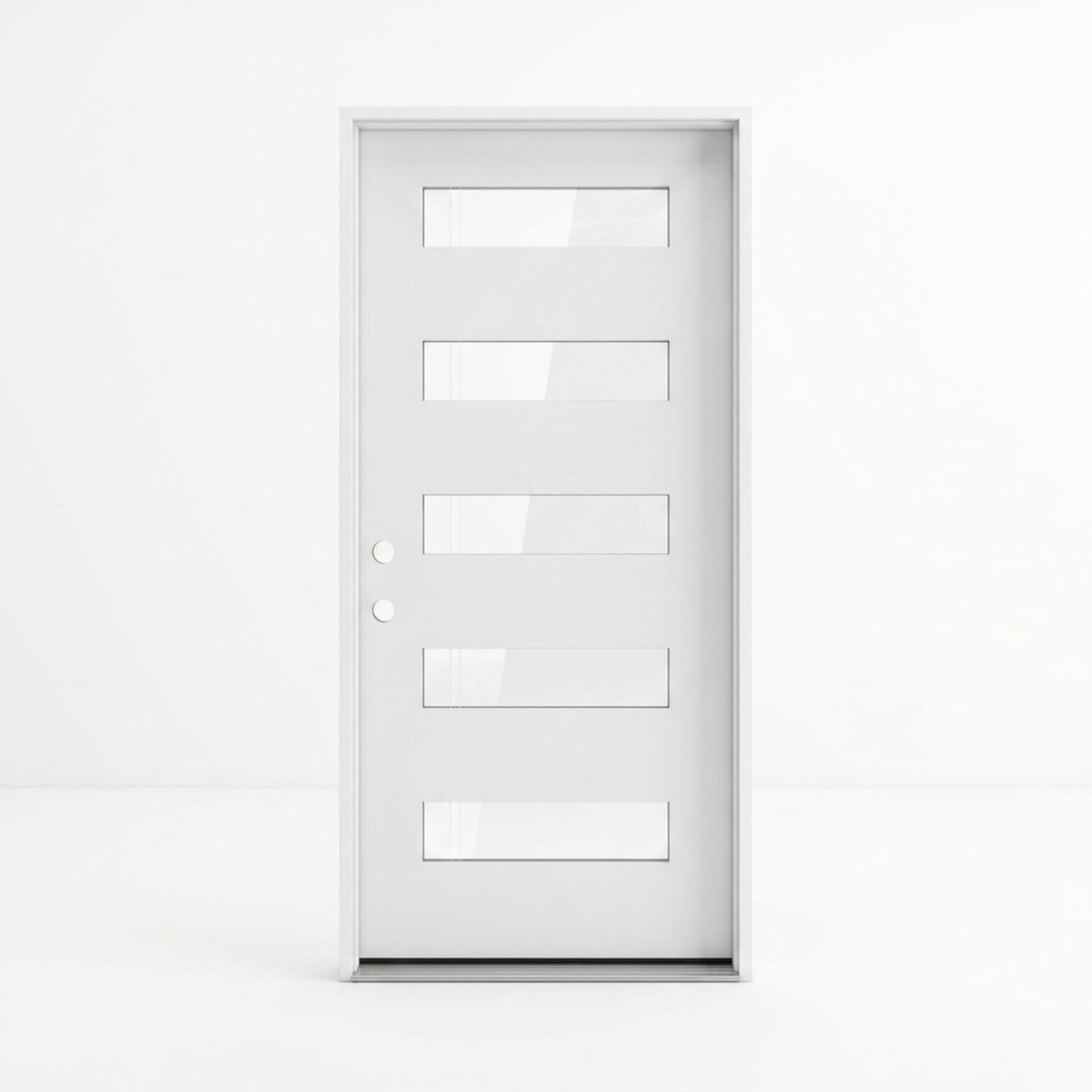 White fiberglass single entry door 36x80 inches, right-hand inswing, five wide horizontal clear glass lites with a compact minimalist profile suited for modern and transitional homes