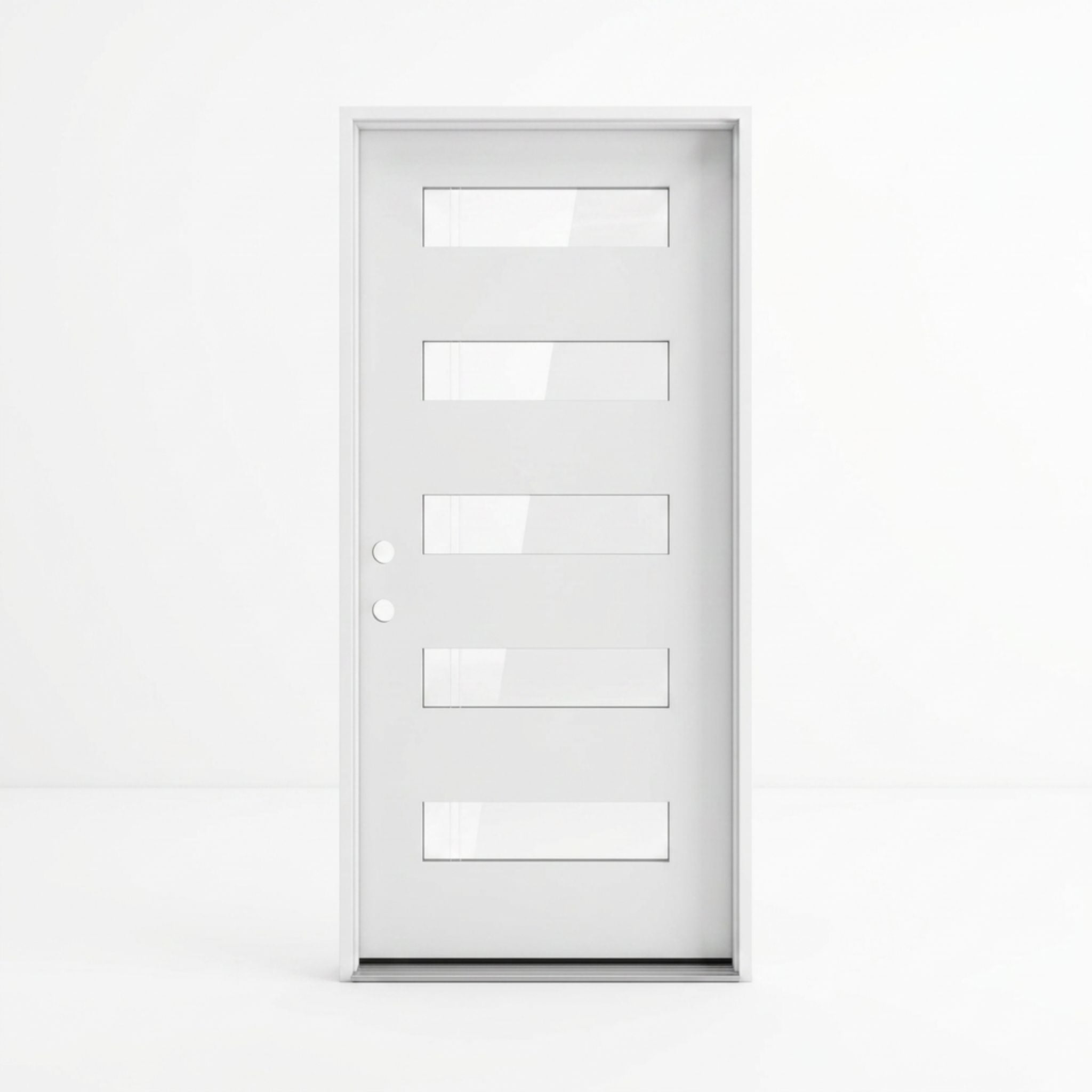 White fiberglass single entry door 36x80 inches, right-hand inswing, five wide horizontal clear glass lites with a compact minimalist profile suited for modern and transitional homes