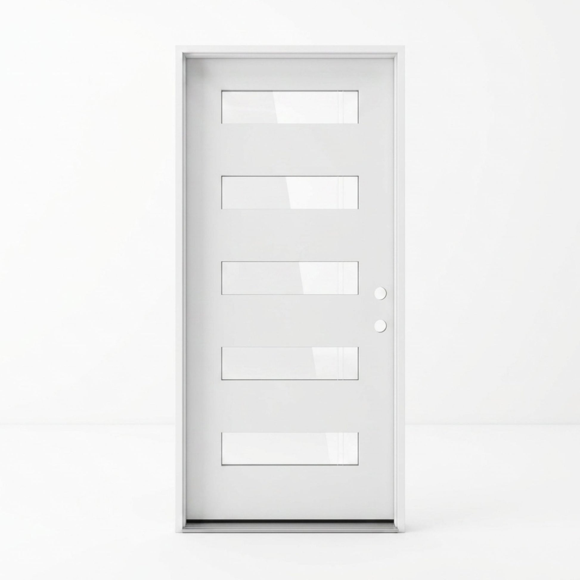 Contemporary white fiberglass single entry door 36x92 inches, left-hand inswing, five clear glass horizontal bands spanning a flat panel door with a crisp white primed finish