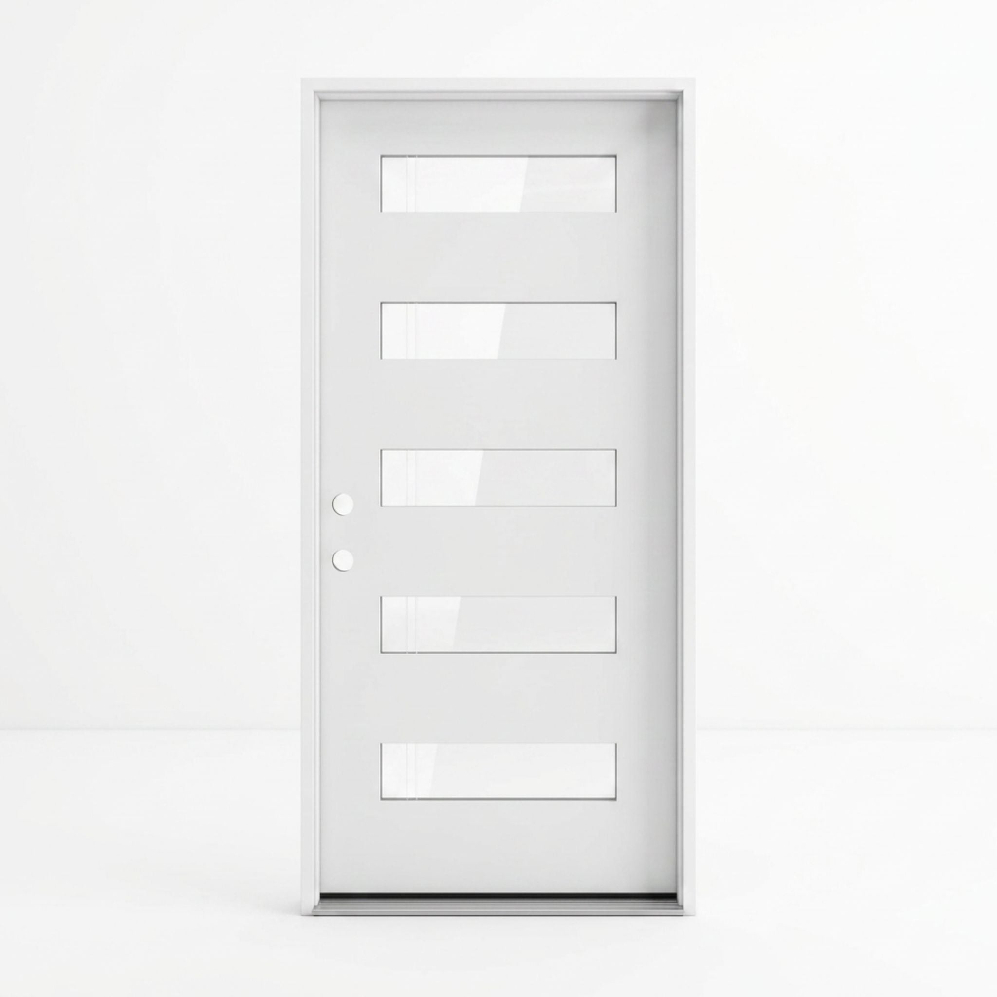 White fiberglass modern single entry door 36x92 inches, right-hand inswing, five stacked horizontal clear glass lites with equal spacing across a smooth flat panel surface