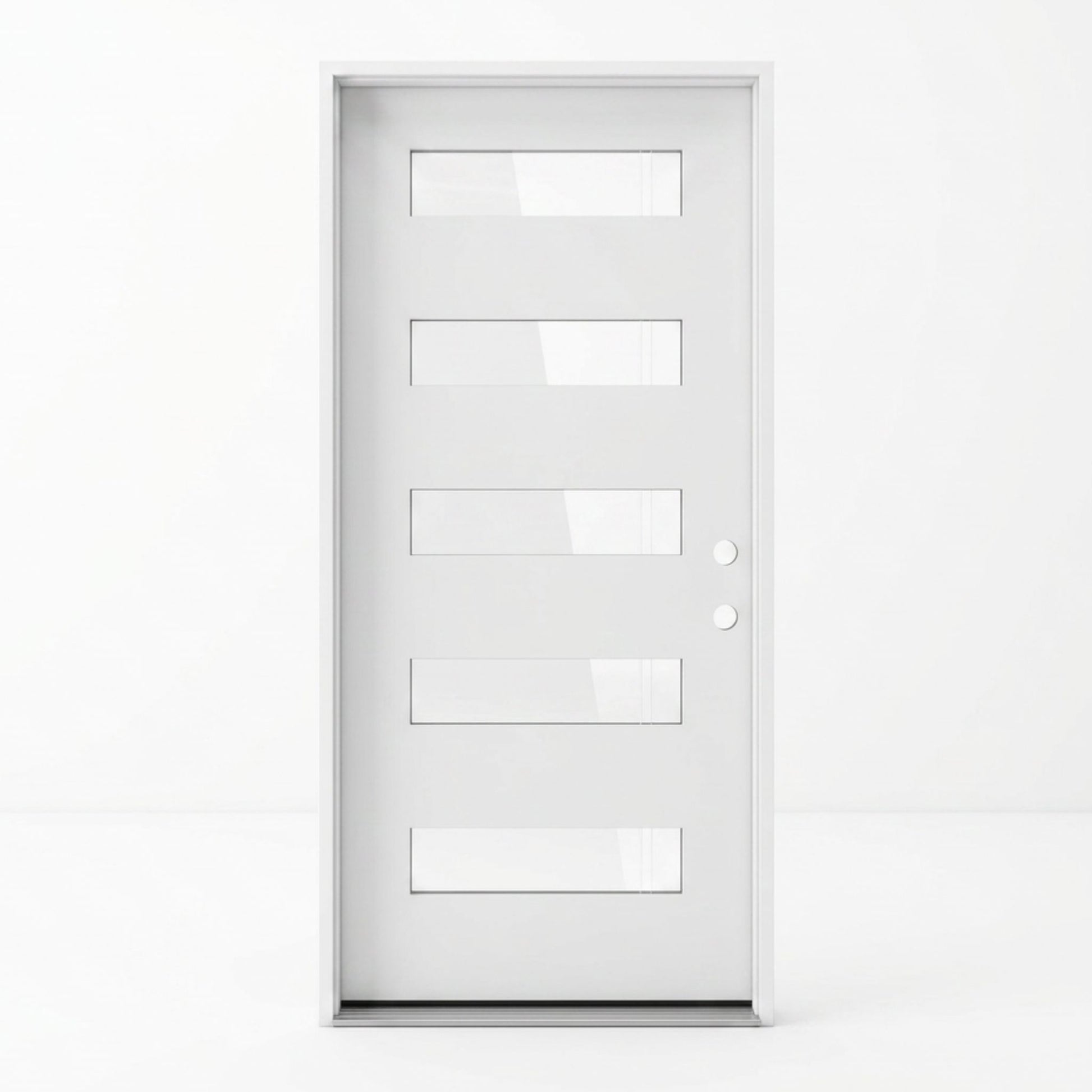 Contemporary white fiberglass single entry door 36x96 inches, left-hand inswing, tall profile with five evenly spaced clear glass inserts and a clean minimalist white finish