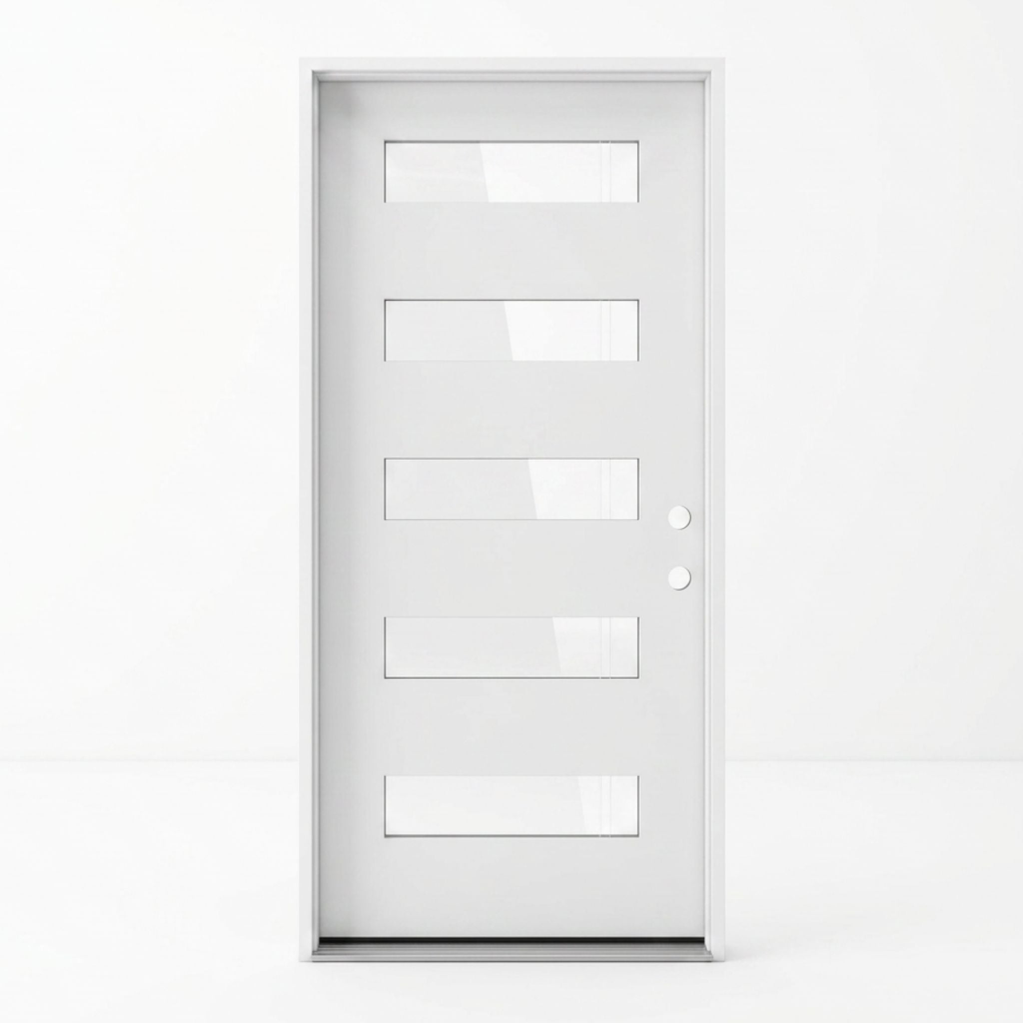 Contemporary white fiberglass single entry door 36x96 inches, left-hand inswing, tall profile with five evenly spaced clear glass inserts and a clean minimalist white finish