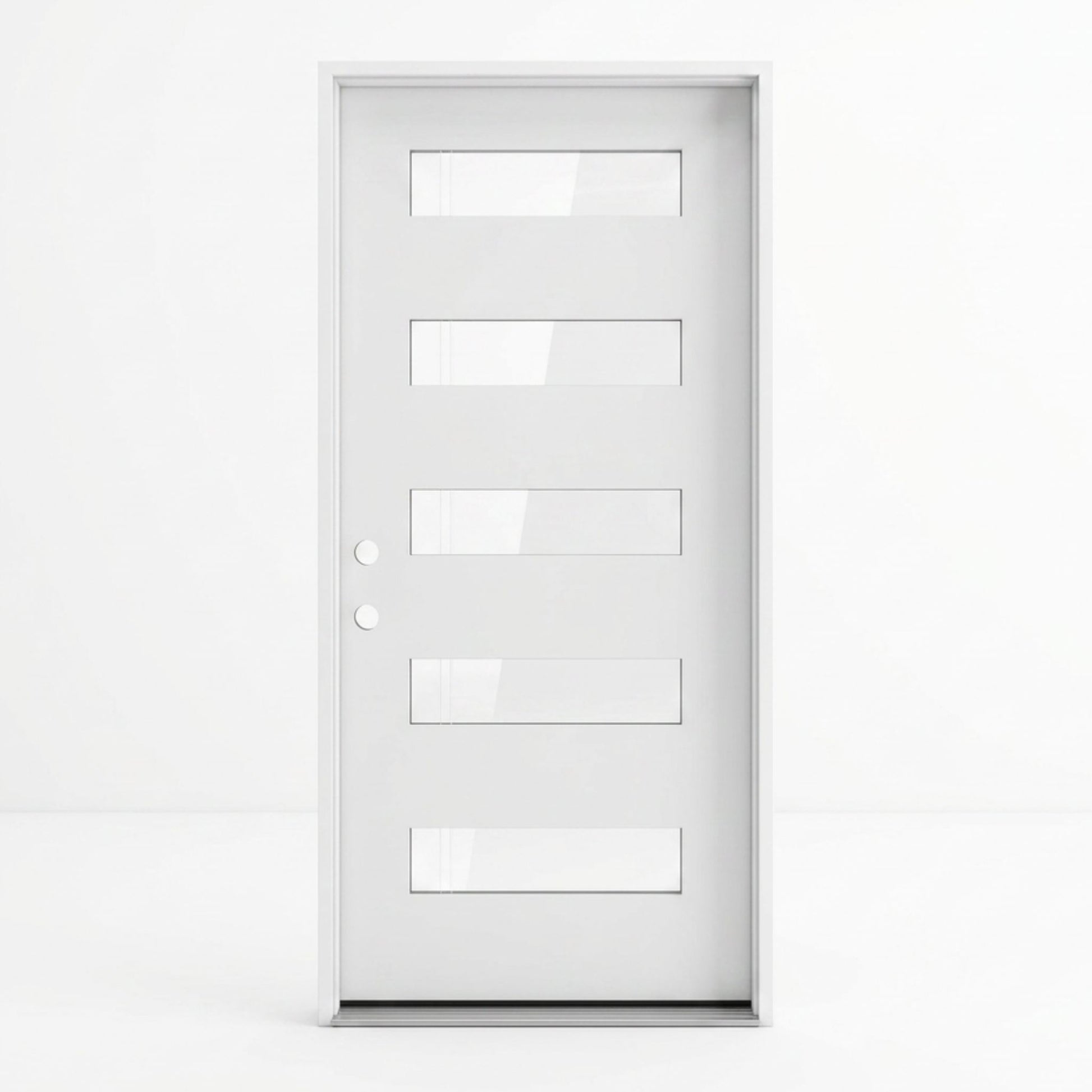 Modern white fiberglass single entry door 36x96 inches, right-hand inswing, five horizontal clear glass lites running the full width of the door with a sleek flat panel construction