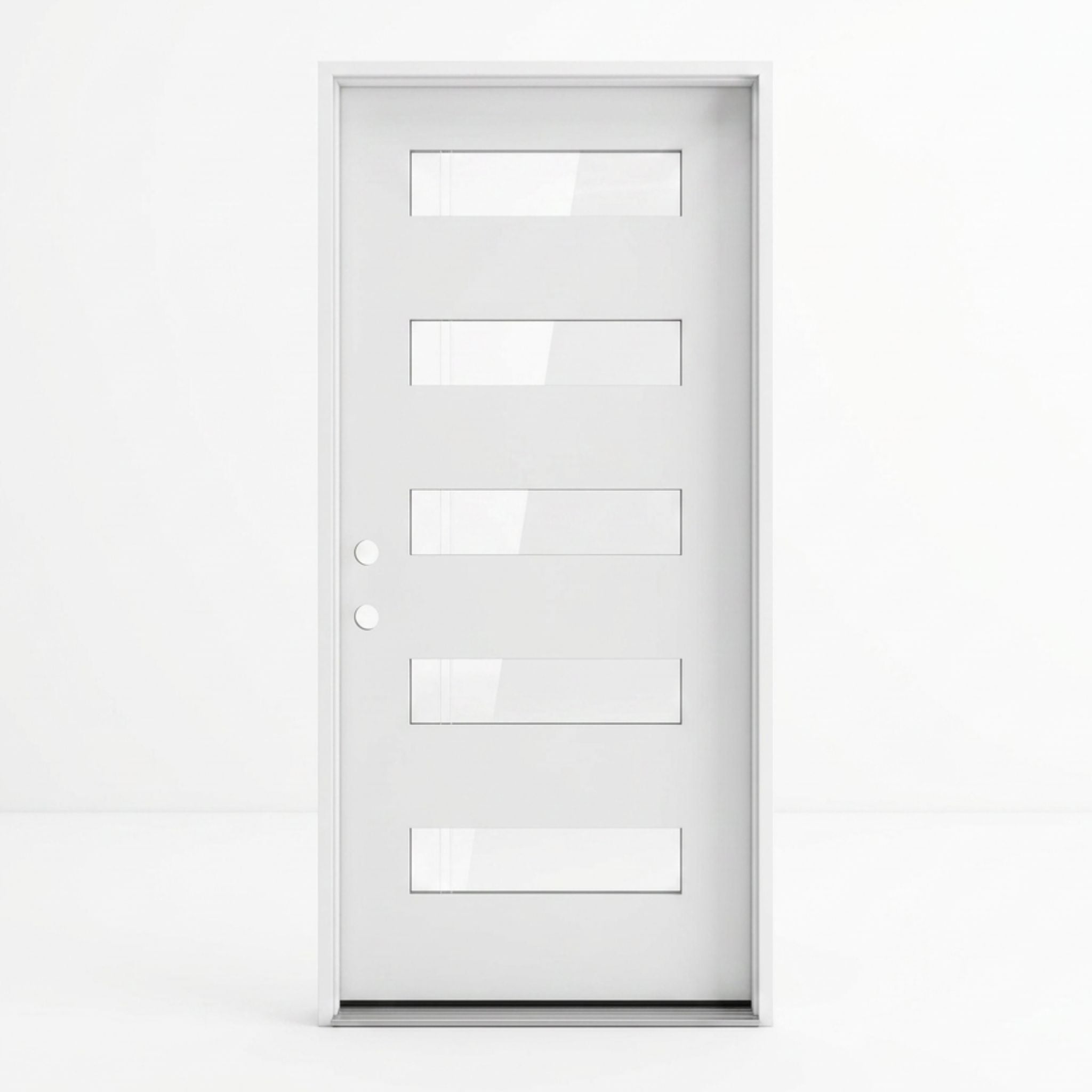 Modern white fiberglass single entry door 36x96 inches, right-hand inswing, five horizontal clear glass lites running the full width of the door with a sleek flat panel construction