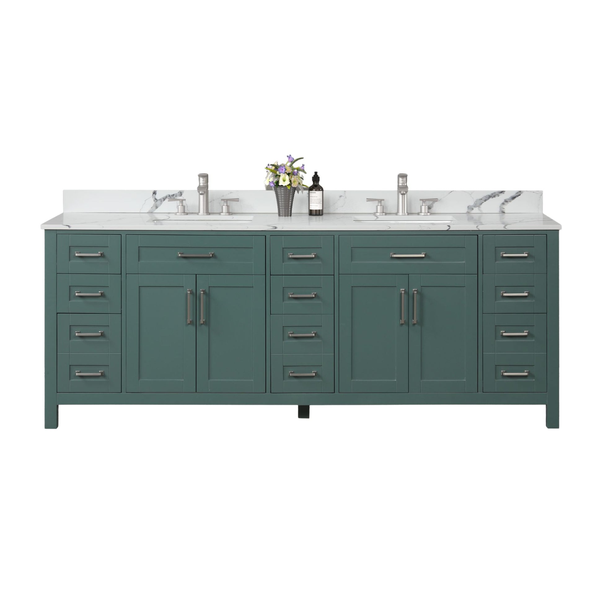 Teal bathroom vanity with white countertop on a white background