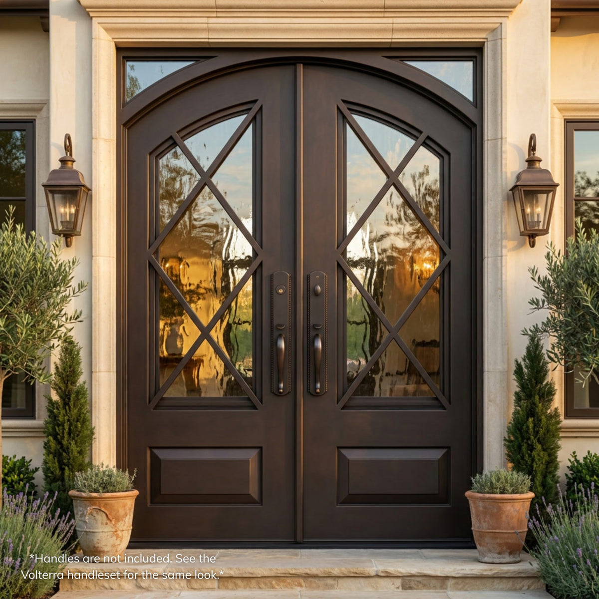Helena wrought iron entry door, oil rubbed bronze finish, installed on a home, flemish glass pattern, diamond iron detailing