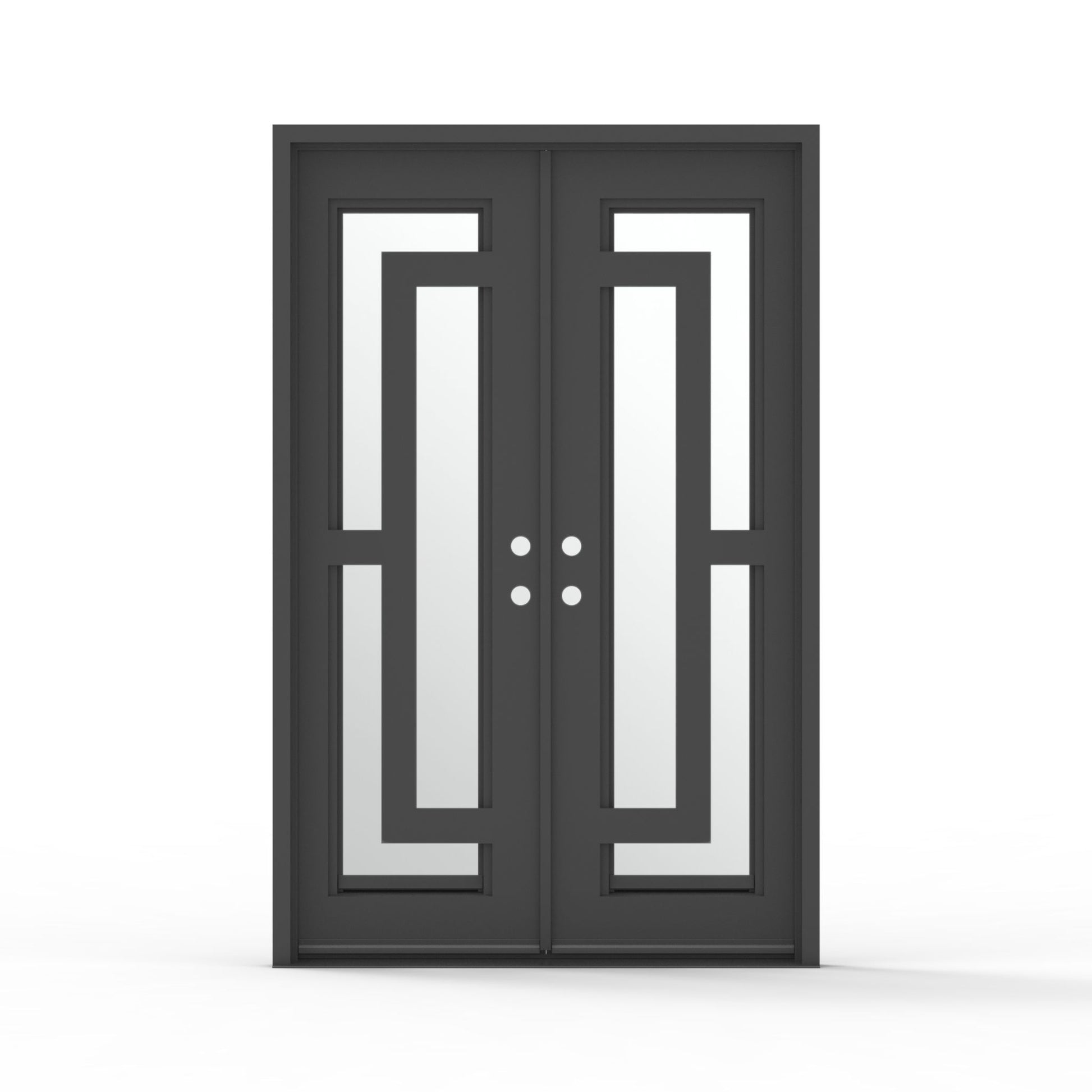 60.5 x 93.25 modern black double wrought iron entry door with mirror glass and geometric design