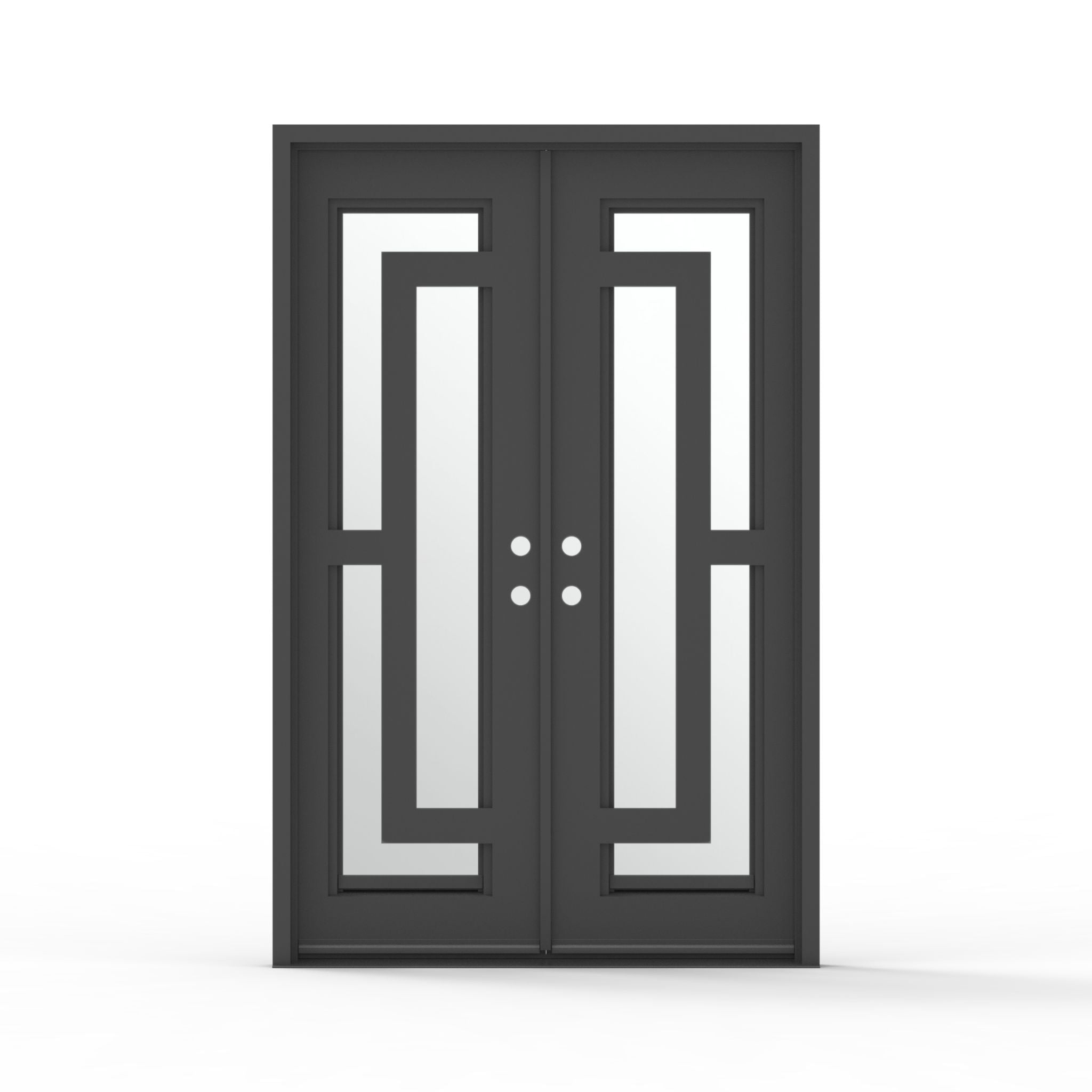 60.5 x 93.25 modern black double wrought iron entry door with mirror glass and geometric design