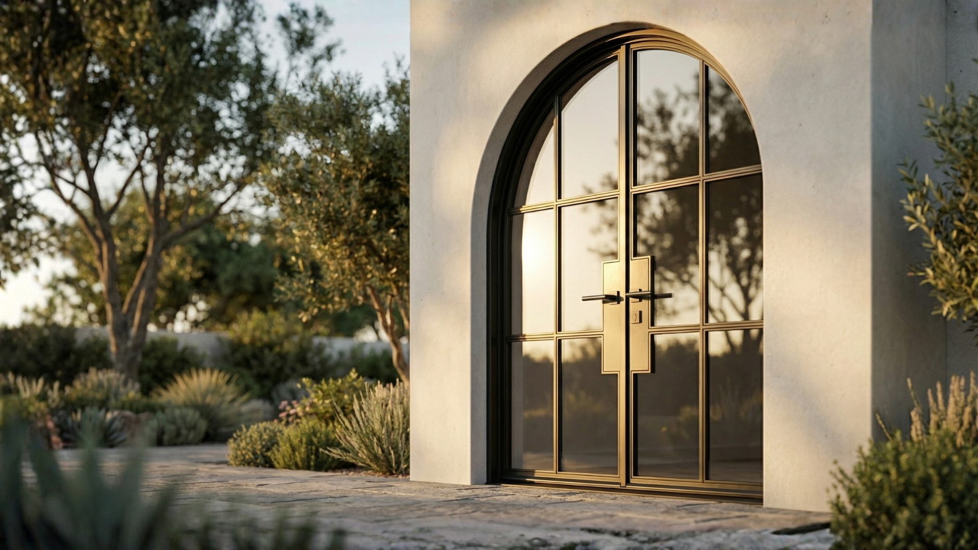 Arched iron entry door with decorative glass panels, hero image