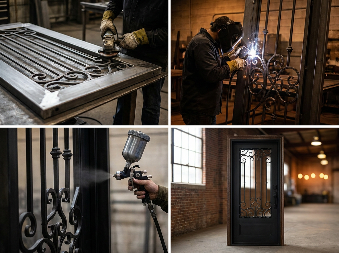 Iron process step 5 — Finish + hang: powder-coated, sealed, and pre-hung