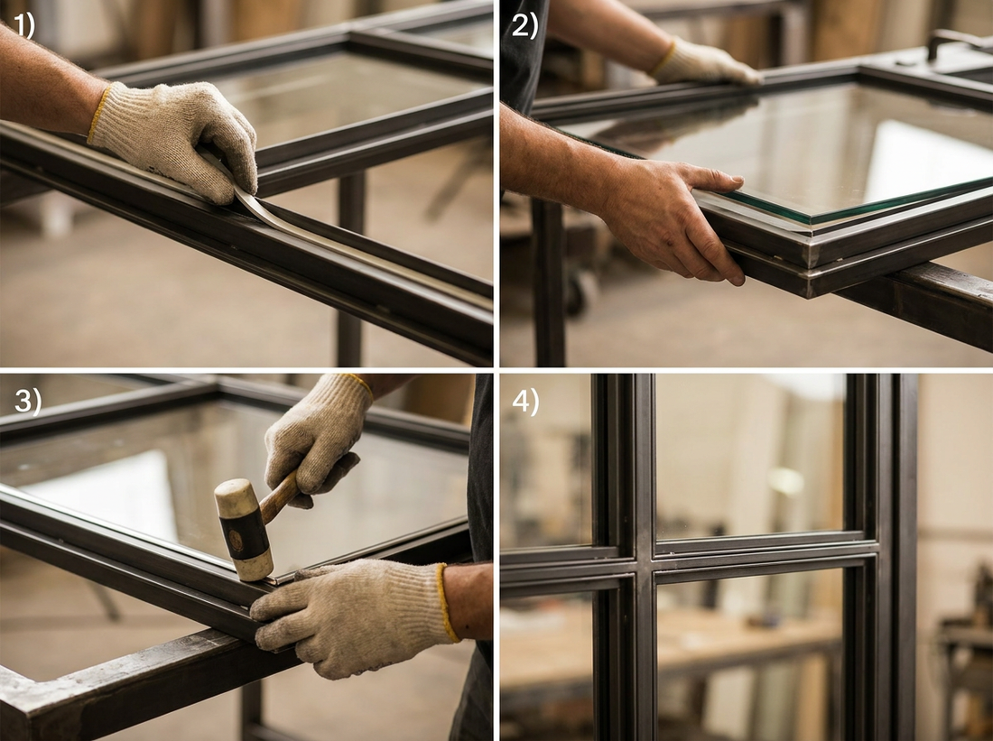 French steel process step 4 — Glaze + insulate: low-E insulated glass in slim sightlines