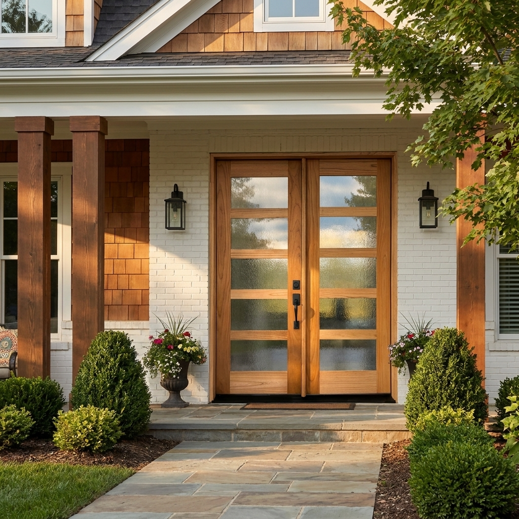 Weathercraft torrefied mahogany double entry door in a natural wood finish with 5-lite horizontal frosted glass bands on each leaf, installed on a white brick home with cedar shingle accents.