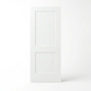 2-panel molded interior door slab in white primed finish, classic raised panel design with large upper panel and smaller lower panel, for bedrooms and hallways