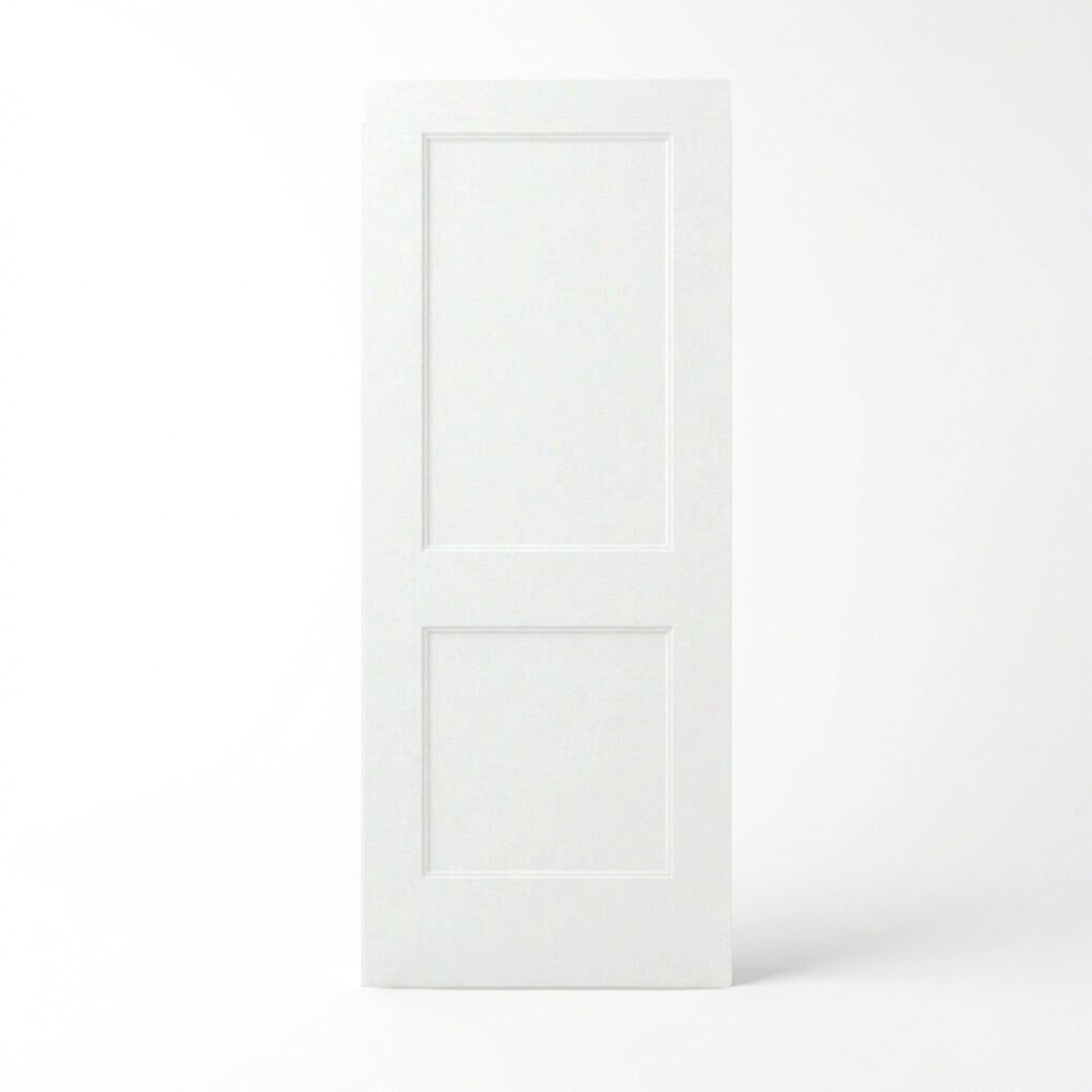 2-panel molded interior door slab in white primed finish, classic raised panel design with large upper panel and smaller lower panel, for bedrooms and hallways