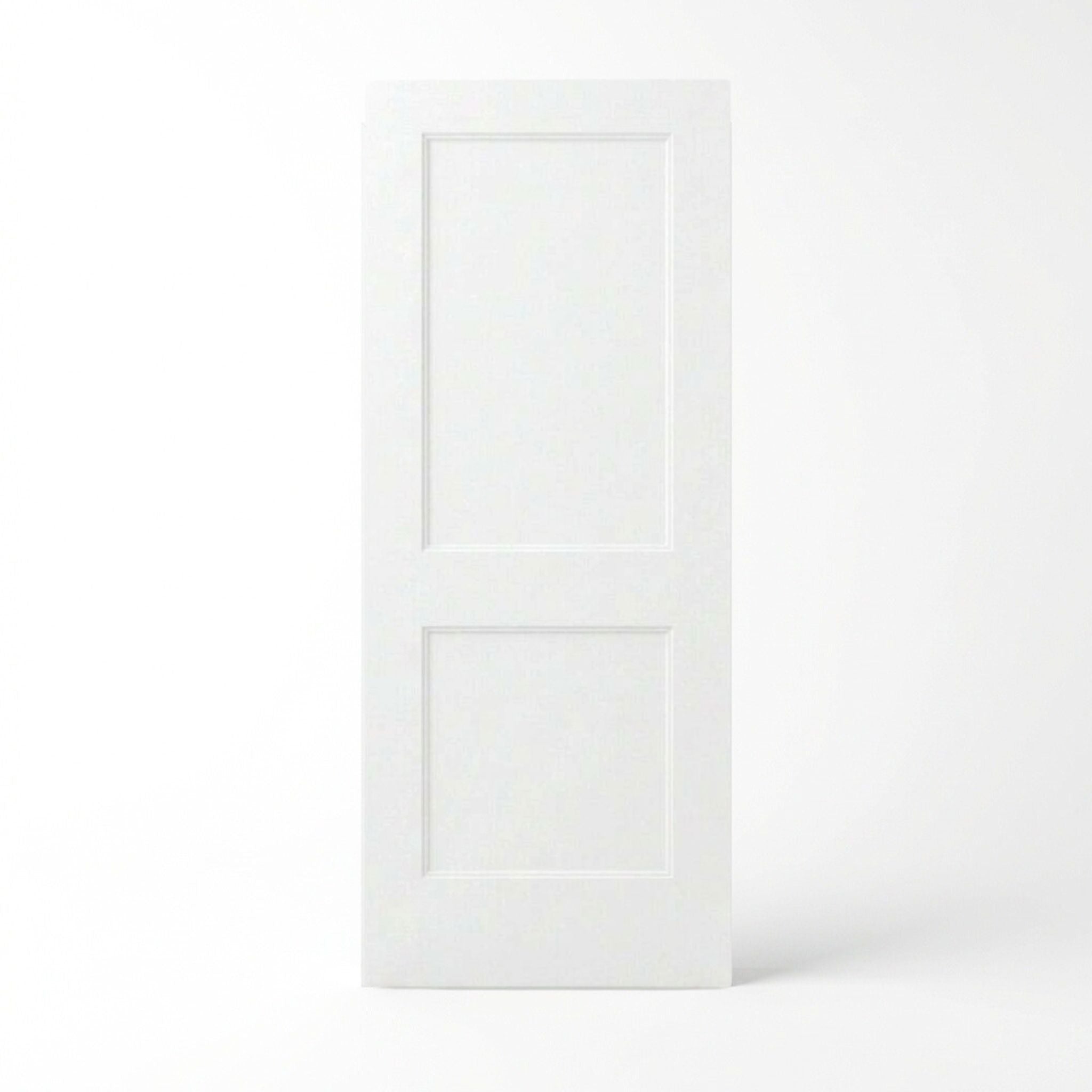 2-panel molded interior door slab in white primed finish, classic raised panel design with large upper panel and smaller lower panel, for bedrooms and hallways