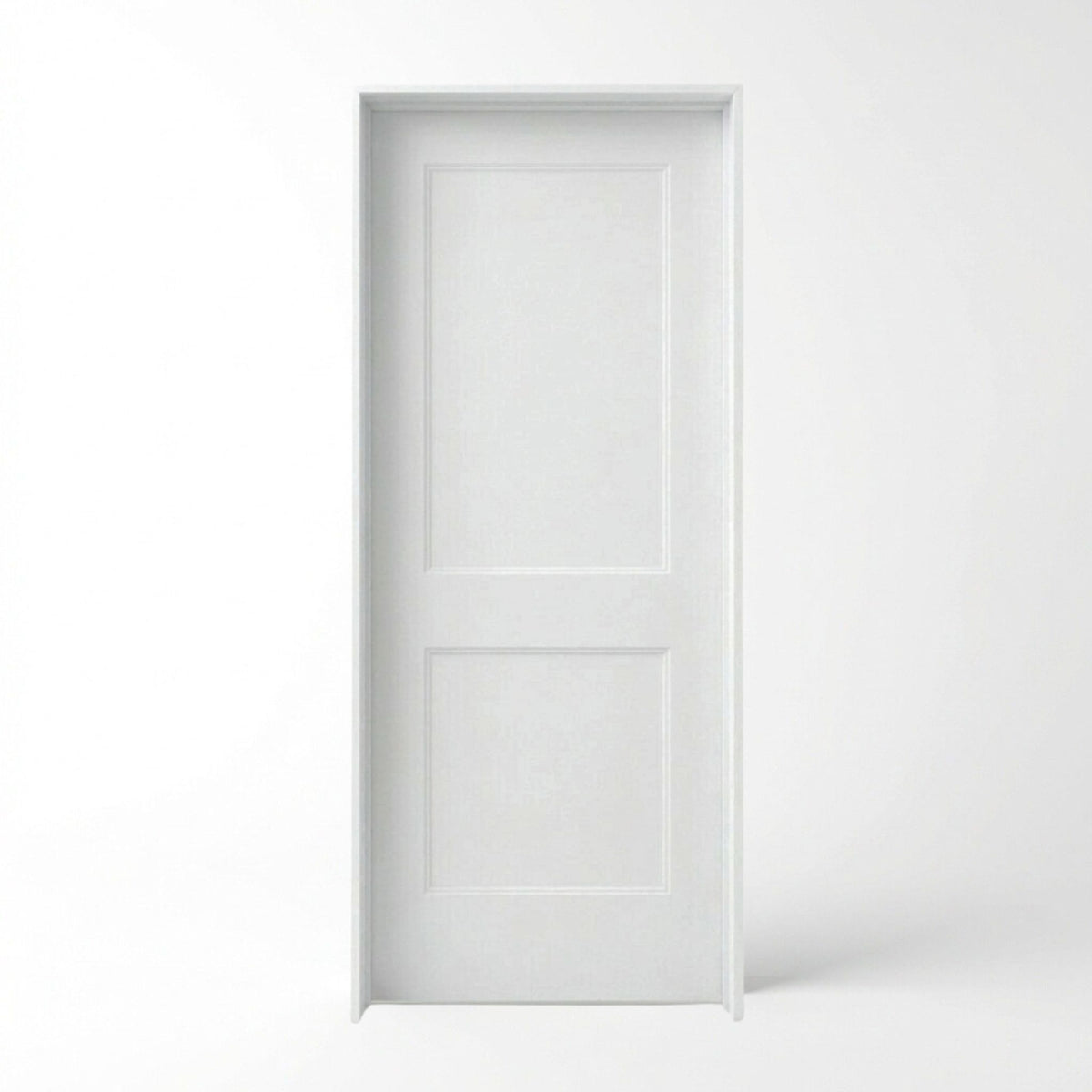 2-panel molded single prehung interior door in white primed finish, classic raised panel design with large upper panel and smaller lower panel, with door frame included and ready to install