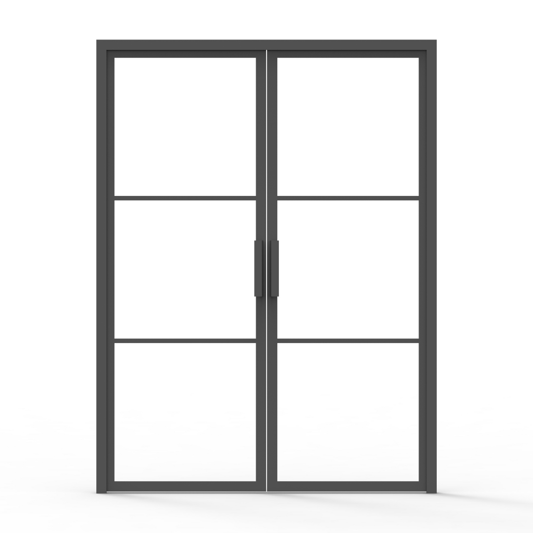 Black steel French interior double doors with 3-lite divided glass design and matching black frame and grid pattern