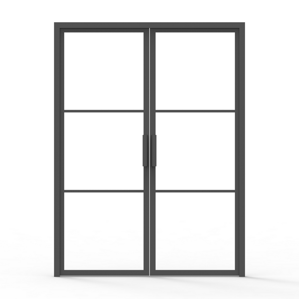 Black steel French interior double doors with 3-lite divided glass design and matching black frame and grid pattern