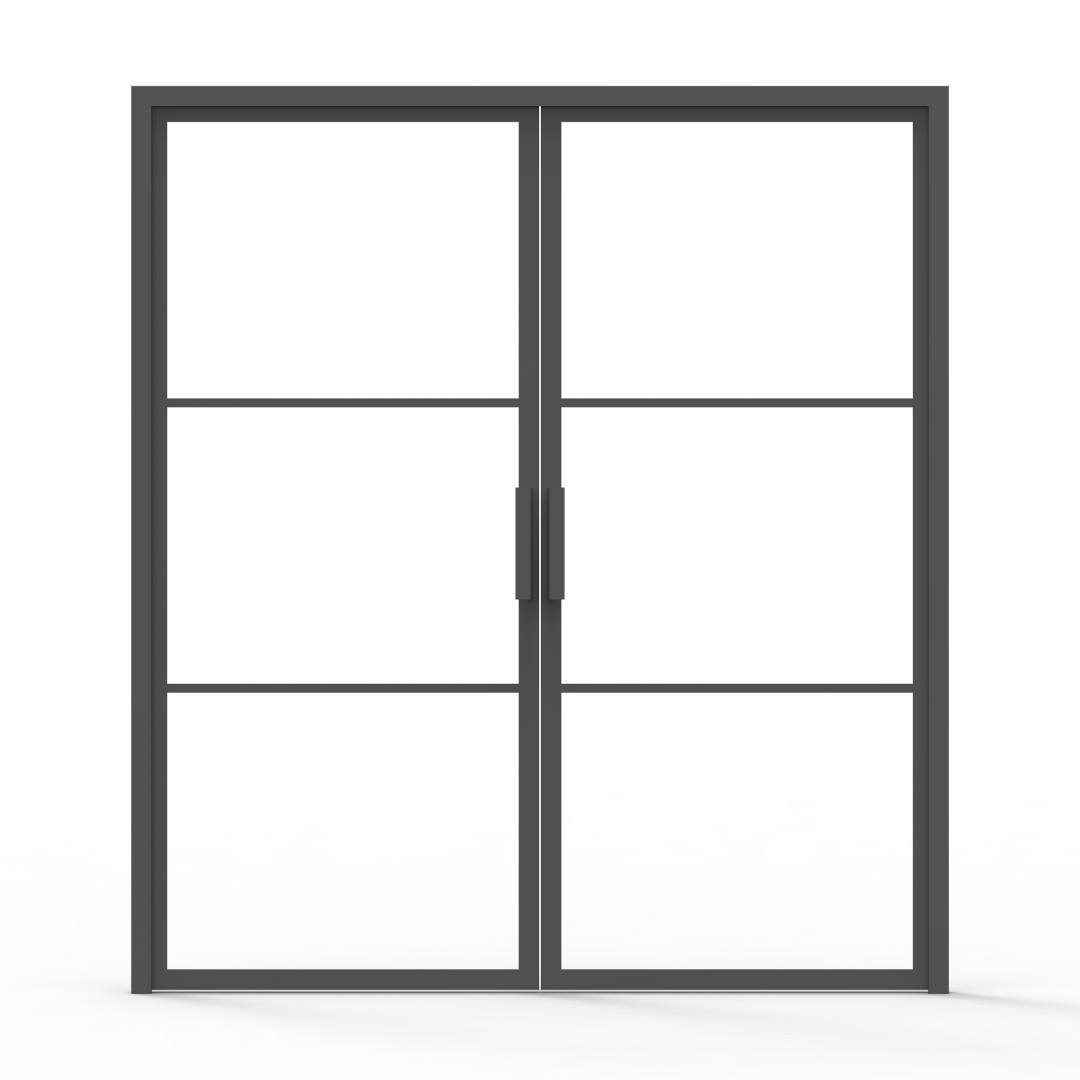 3 Lite French steel interior double doors with black frames and divided glass panels