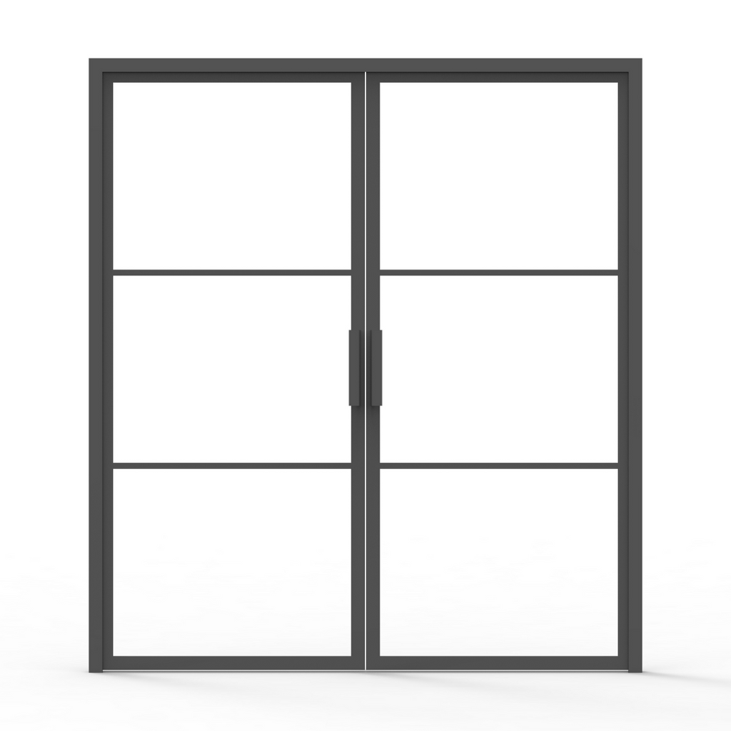 3 Lite French steel interior double doors with black frames and divided glass panels