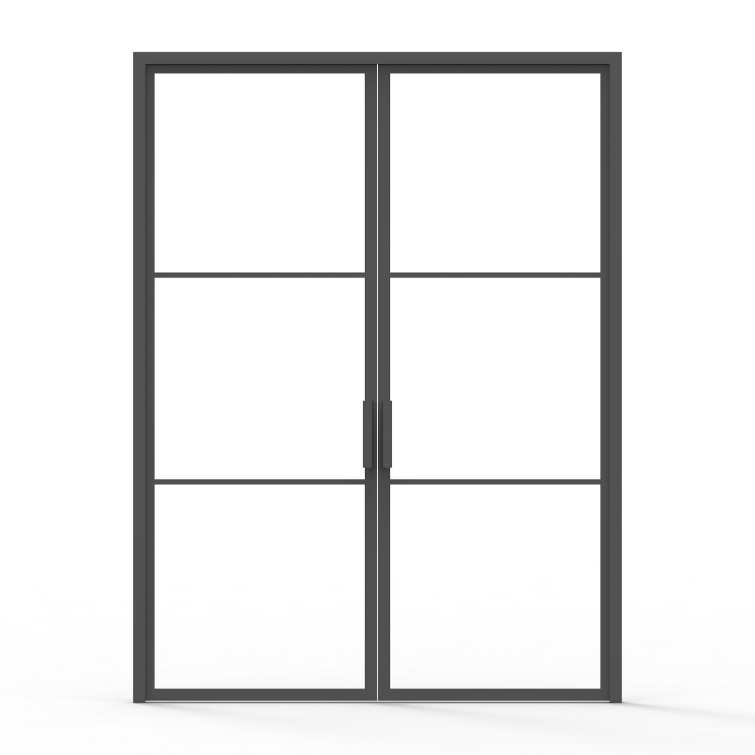 3 lite Black Steel French door with glass panels, steel construction, interior double door set with divided lights