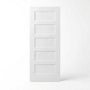 5-panel molded interior door slab in white primed finish, flat equal-panel design, solid core construction for bedrooms and hallways