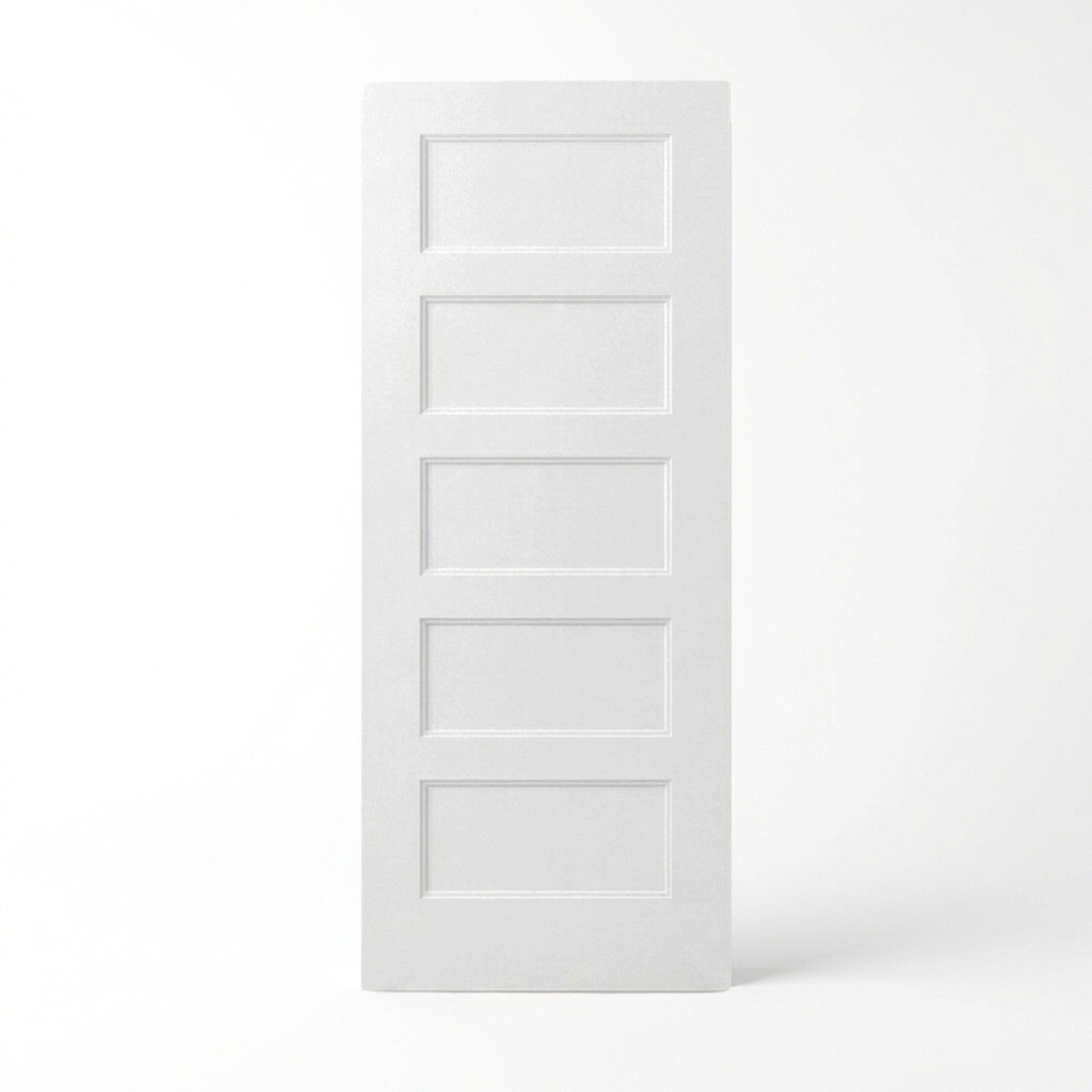 5-panel molded interior door slab in white primed finish, flat equal-panel design, solid core construction for bedrooms and hallways
