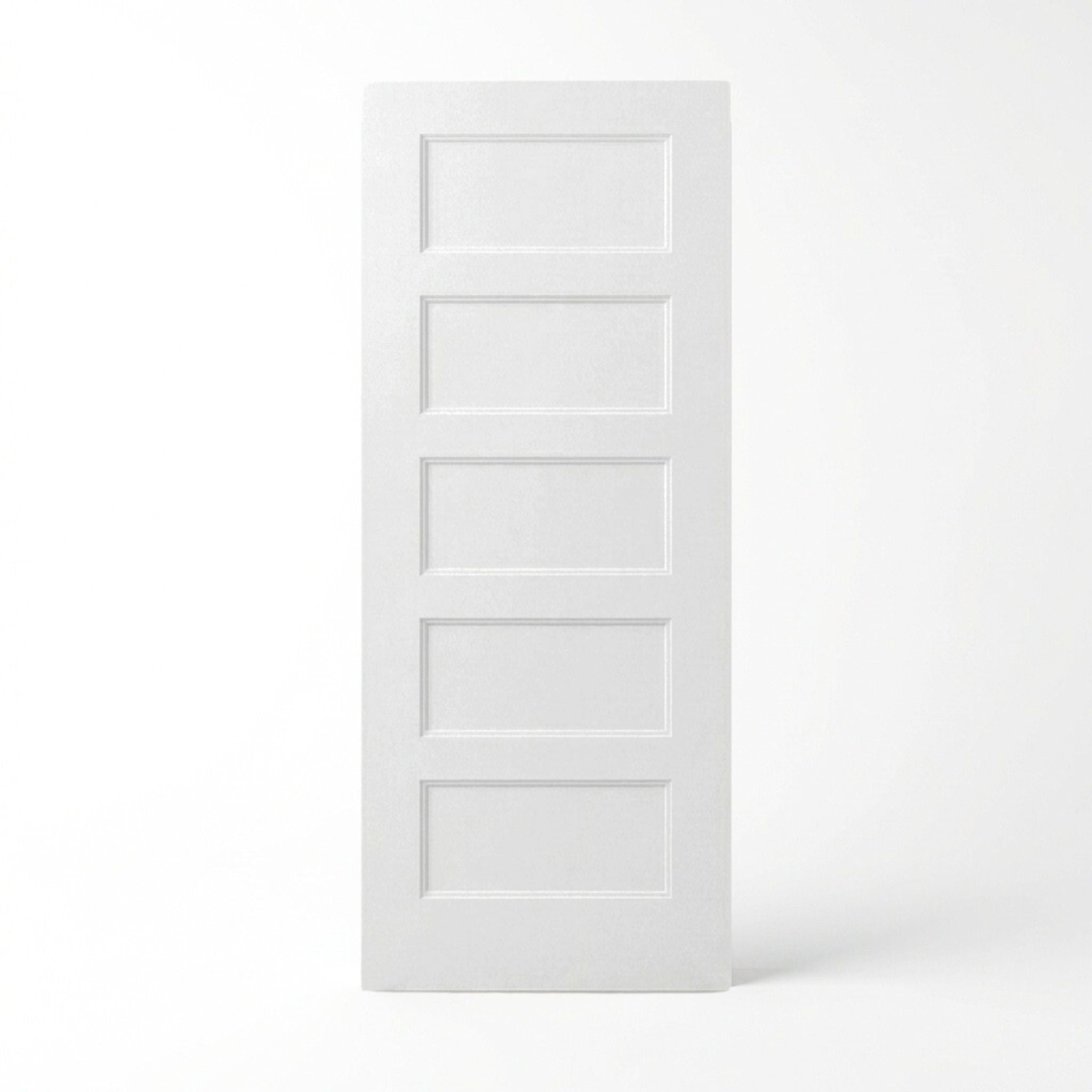 5-panel molded interior door slab in white primed finish, flat equal-panel design, solid core construction for bedrooms and hallways