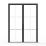 Black framed window with grid design on a white background