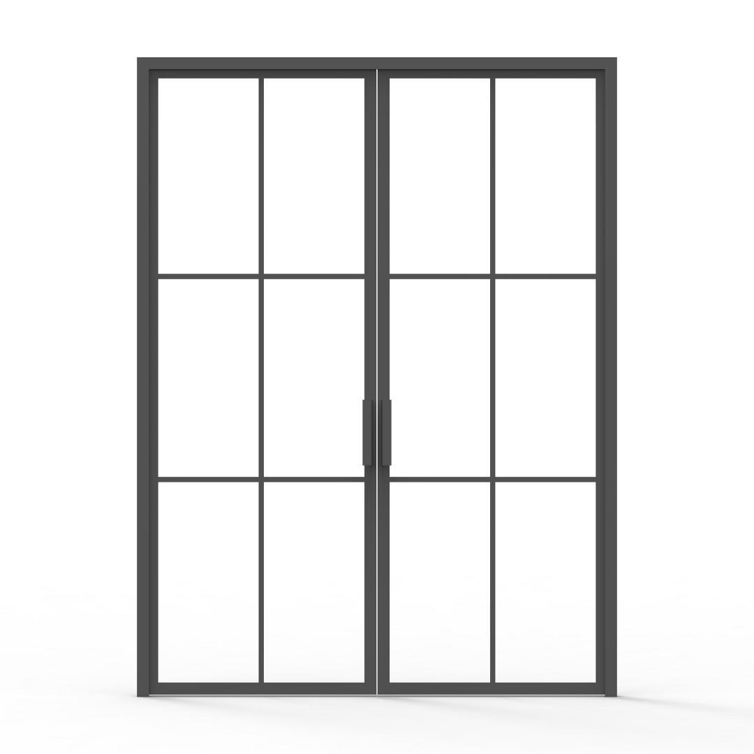 Black framed window with grid design on a white background