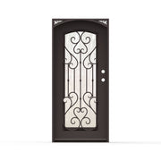 Anastasia single wrought iron exterior entry door 36x80 inches, left-hand inswing, dark bronze finish with arched top, full-length decorative scrollwork, flemish pattern glass and ornamental corner accents