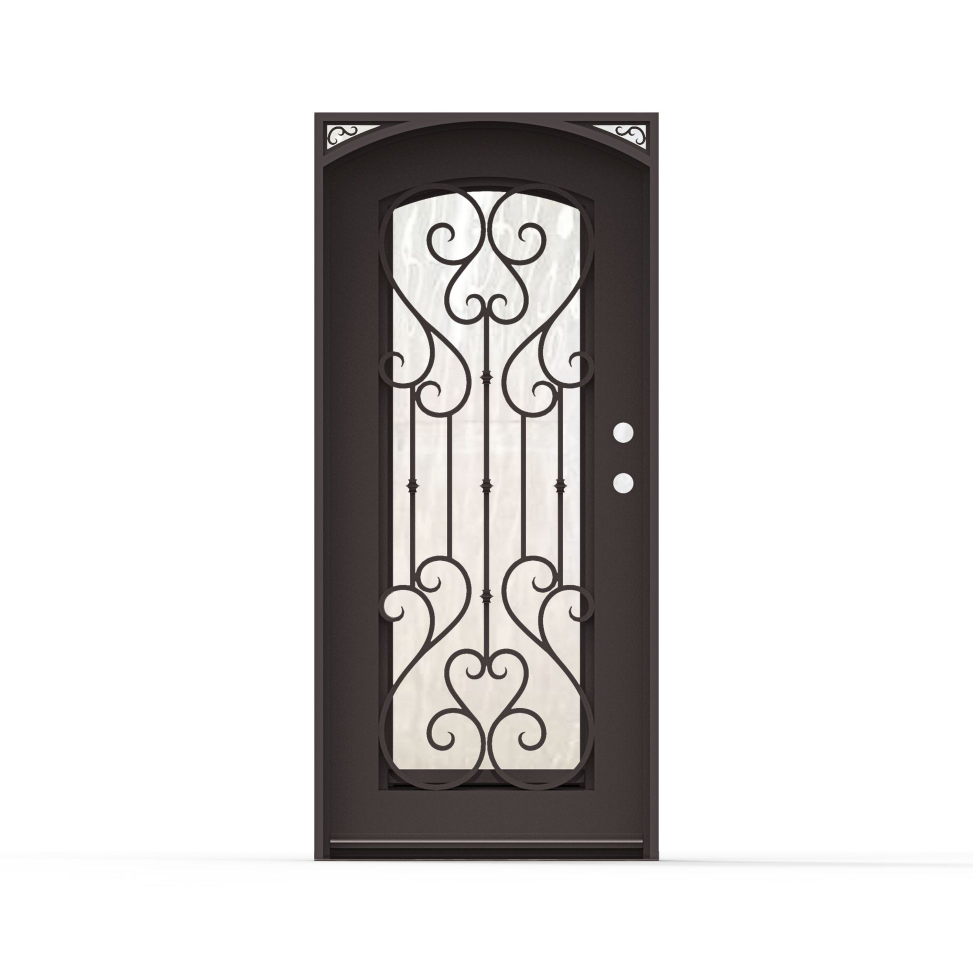 Anastasia single wrought iron exterior entry door 36x80 inches, left-hand inswing, dark bronze finish with arched top, full-length decorative scrollwork, flemish pattern glass and ornamental corner accents