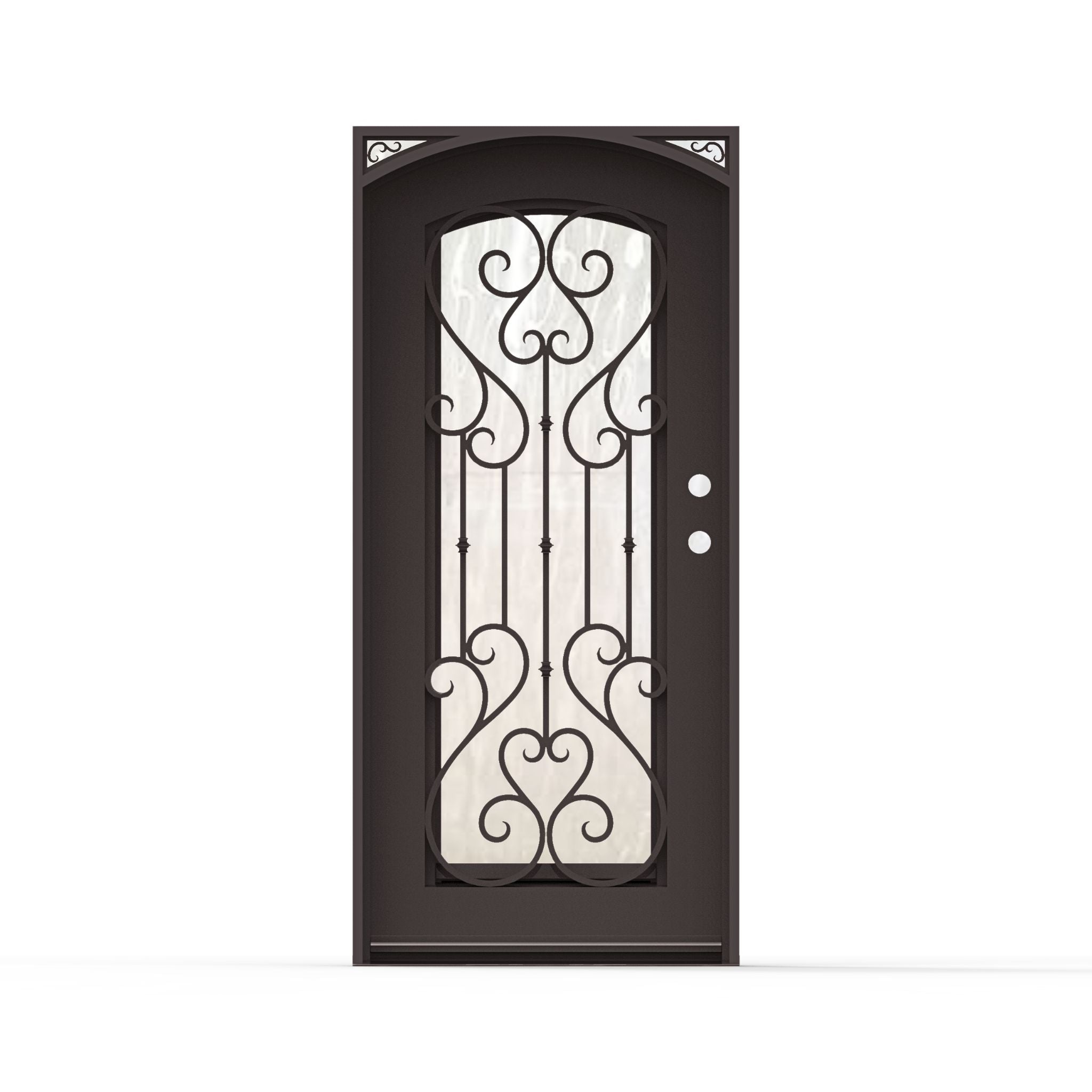 Anastasia single wrought iron exterior entry door 36x80 inches, left-hand inswing, dark bronze finish with arched top, full-length decorative scrollwork, flemish pattern glass and ornamental corner accents