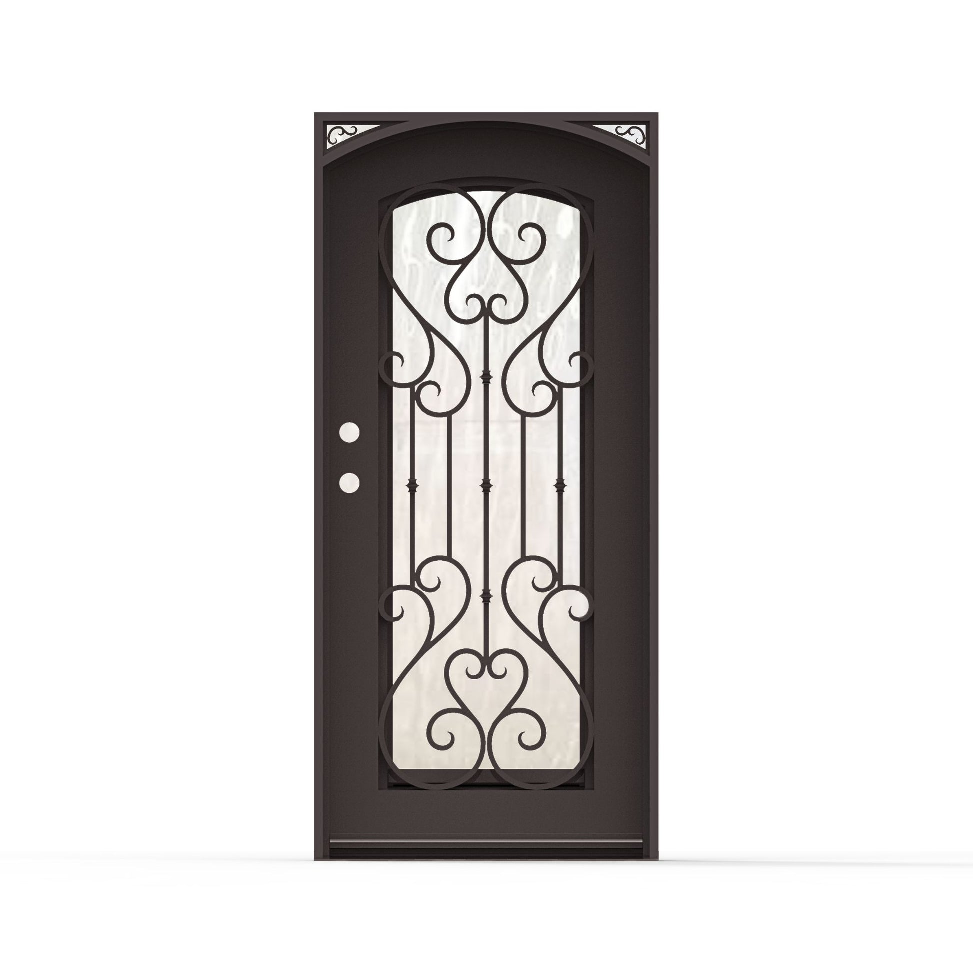 Anastasia single wrought iron entry exterior door 36x80 inches, right-hand inswing, dark bronze finish with arched top, full-length decorative scrollwork, flemish glass, and ornamental corner accents