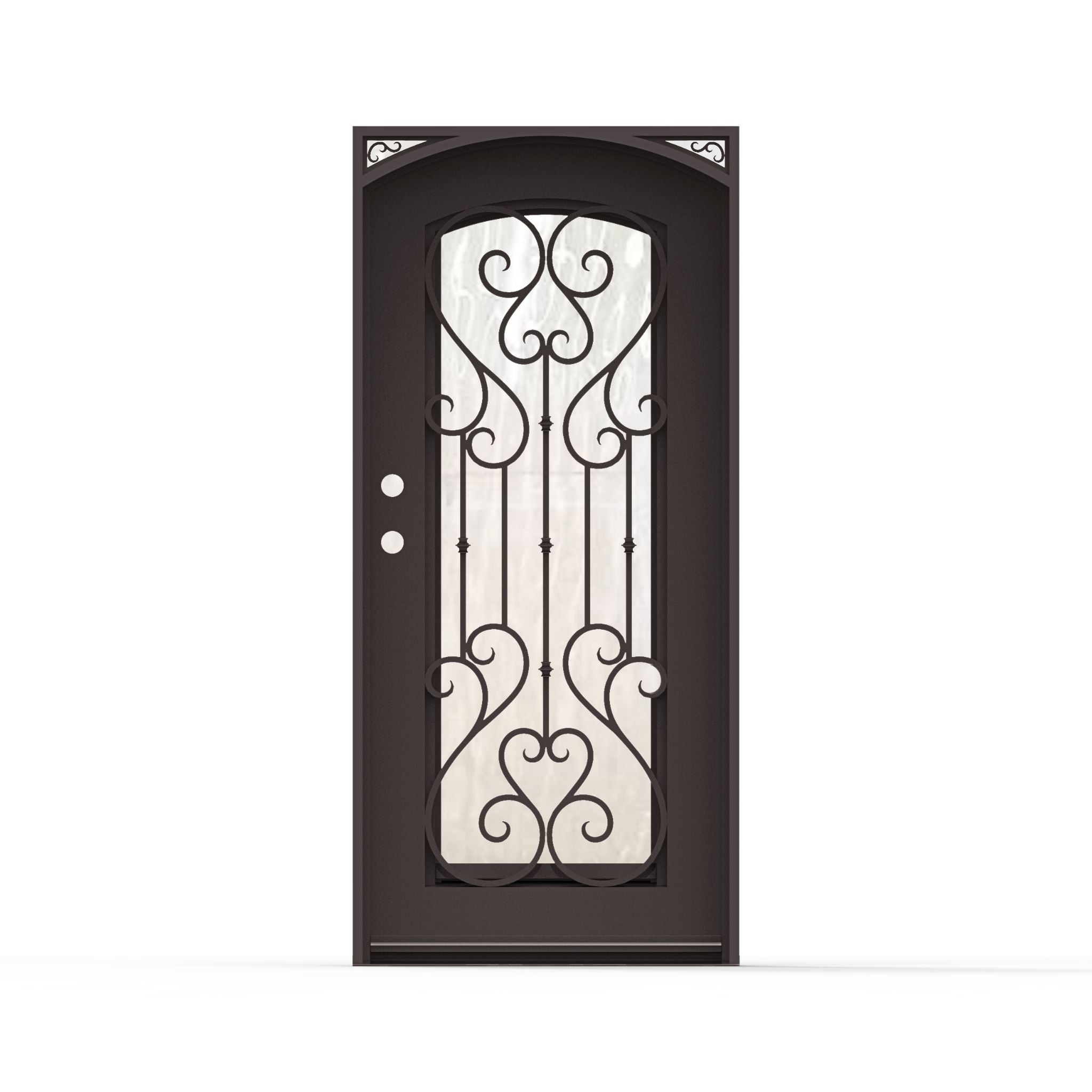 Anastasia single wrought iron entry exterior door 36x80 inches, right-hand inswing, dark bronze finish with arched top, full-length decorative scrollwork, flemish glass, and ornamental corner accents
