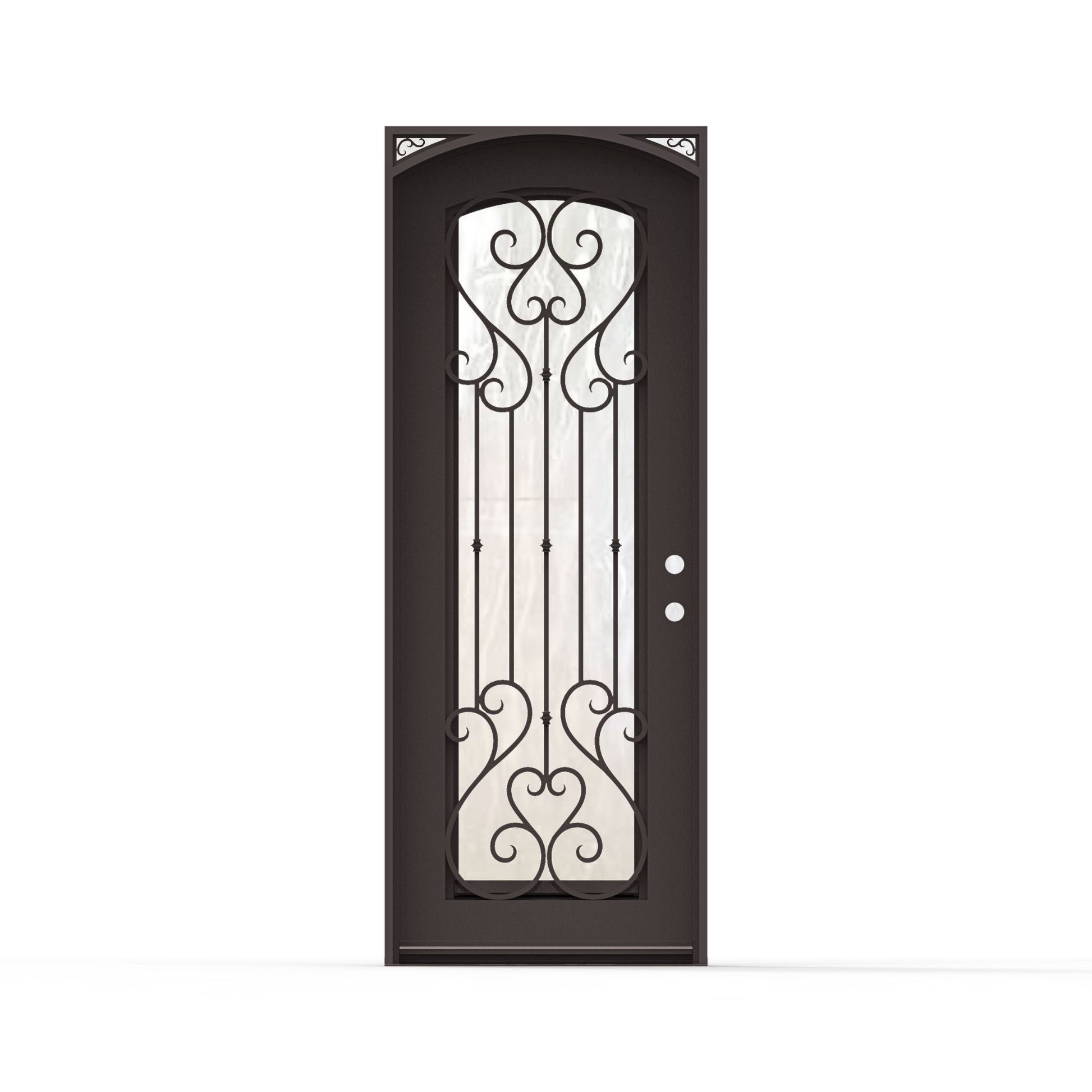 Anastasia single wrought iron entry door 36x96 inches, left-hand inswing, dark bronze finish with arched top, full-length decorative scrollwork glass panel and ornamental corner accents, flemish glass