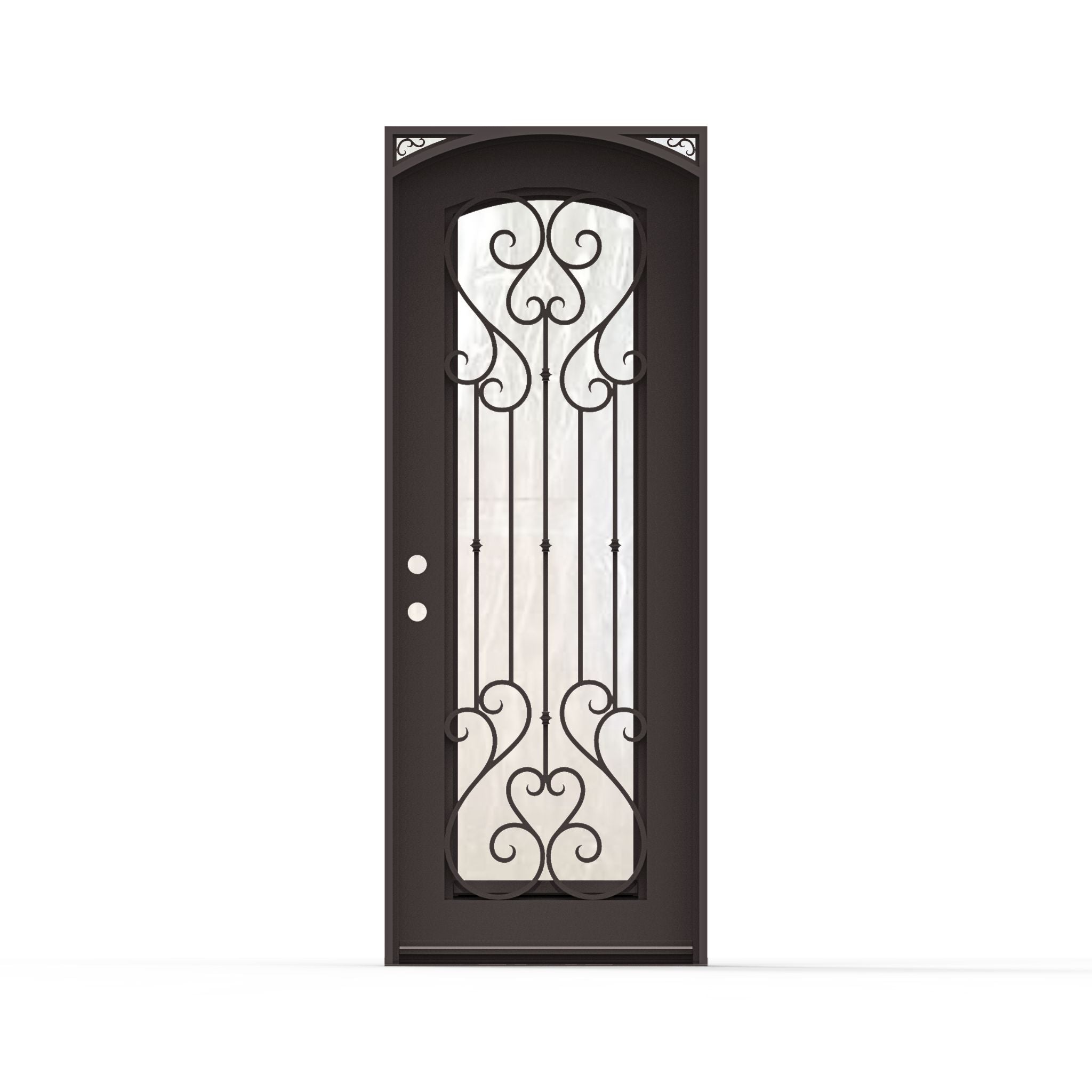 Anastasia single wrought iron entry door 36x96 inches, right-hand inswing, dark bronze finish with arched top, full-length decorative scrollwork, flemish glass, and ornamental corner accents