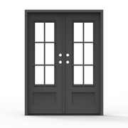 Black double iron door with glass panels