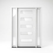 White fiberglass modern entry door with sidelites 60x80 inches, left-hand inswing, five equally spaced horizontal clear glass lites with clean flat panel construction, full-length narrow sidelites on each side