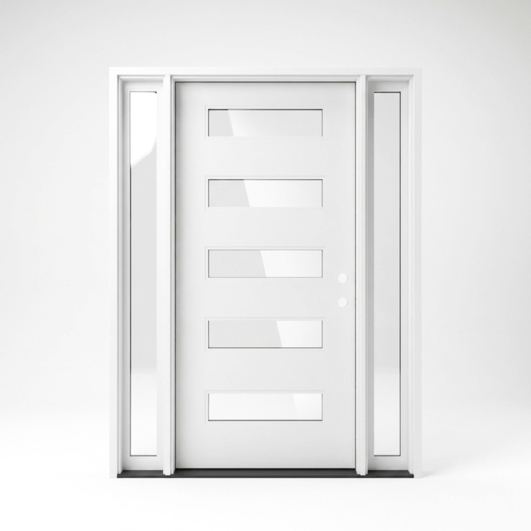 White fiberglass modern entry door with sidelites 60x80 inches, left-hand inswing, five equally spaced horizontal clear glass lites with clean flat panel construction, full-length narrow sidelites on each side