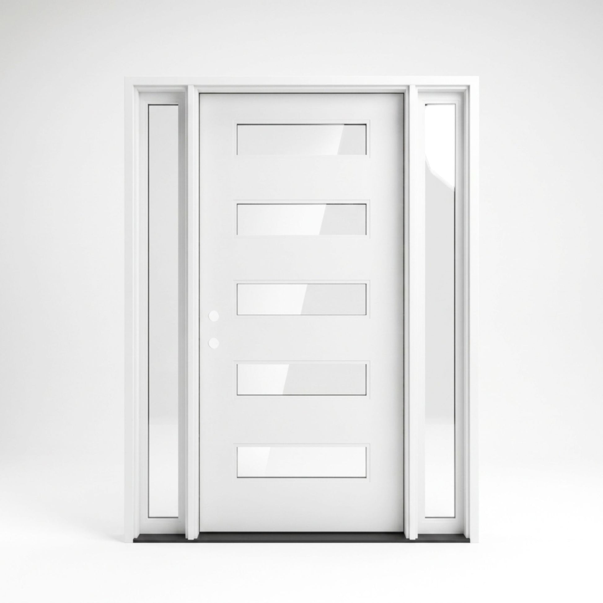 White fiberglass contemporary single entry door with sidelites 60x80 inches, right-hand inswing, five horizontal clear glass inserts in a flat panel door with a minimalist profile, narrow sidelites on both sides