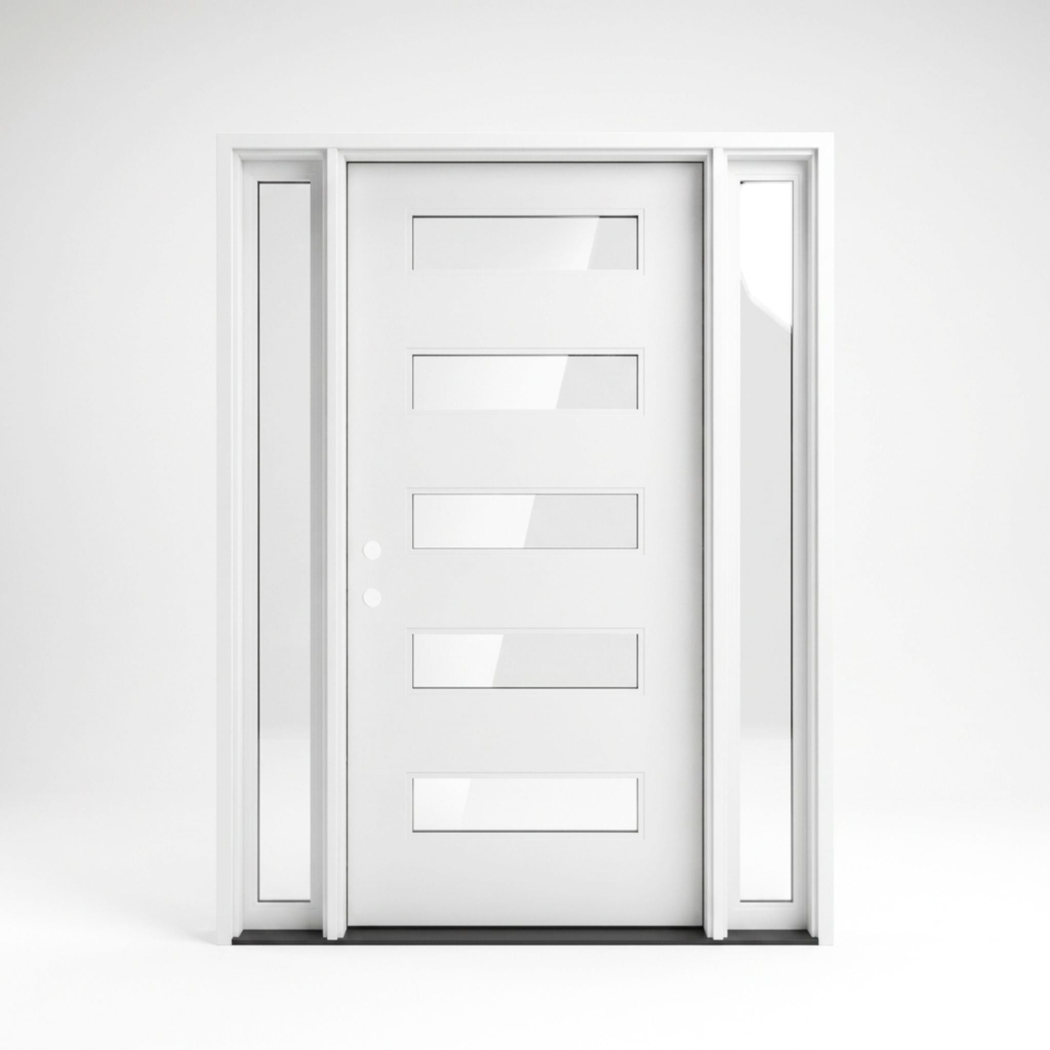 White fiberglass contemporary single entry door with sidelites 60x80 inches, right-hand inswing, five horizontal clear glass inserts in a flat panel door with a minimalist profile, narrow sidelites on both sides