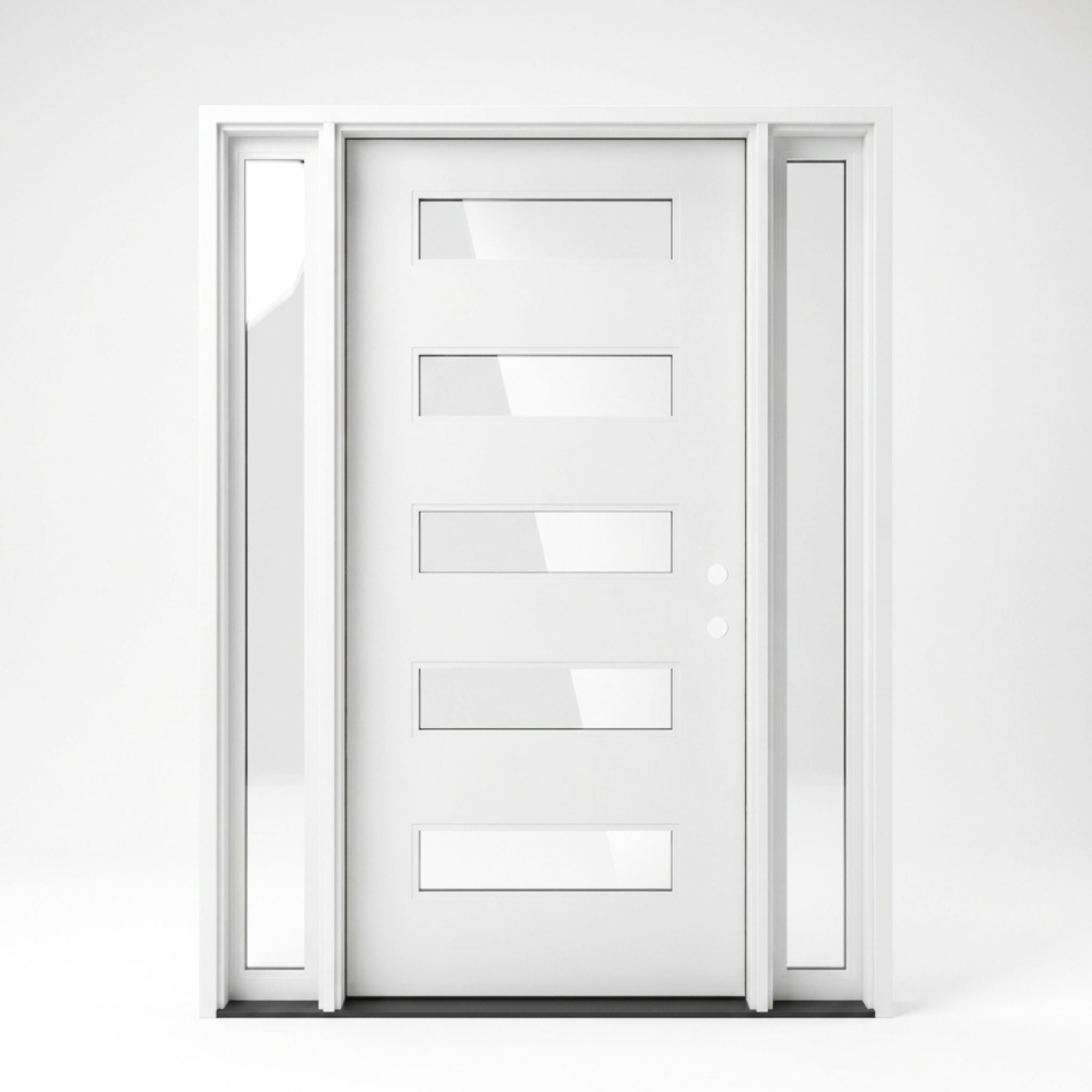 Contemporary white fiberglass single entry door with sidelites 60x92 inches, left-hand inswing, five stacked horizontal clear glass panels creating a sleek minimalist design, slim sidelites flanking both sides