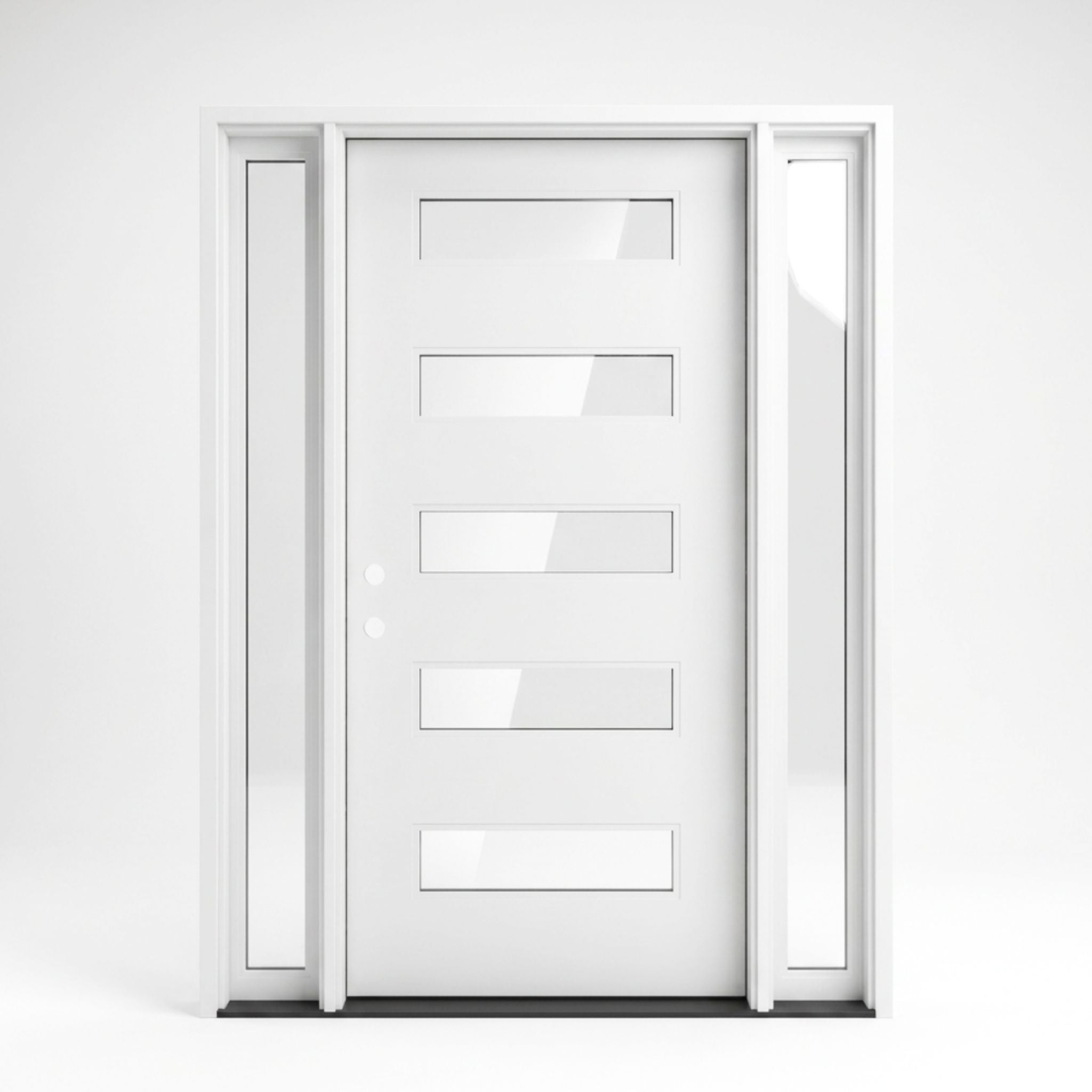 Modern white fiberglass single entry door with sidelites 60x92 inches, right-hand inswing, five horizontal clear glass lites spanning the full door width, narrow full-length sidelites on both sides