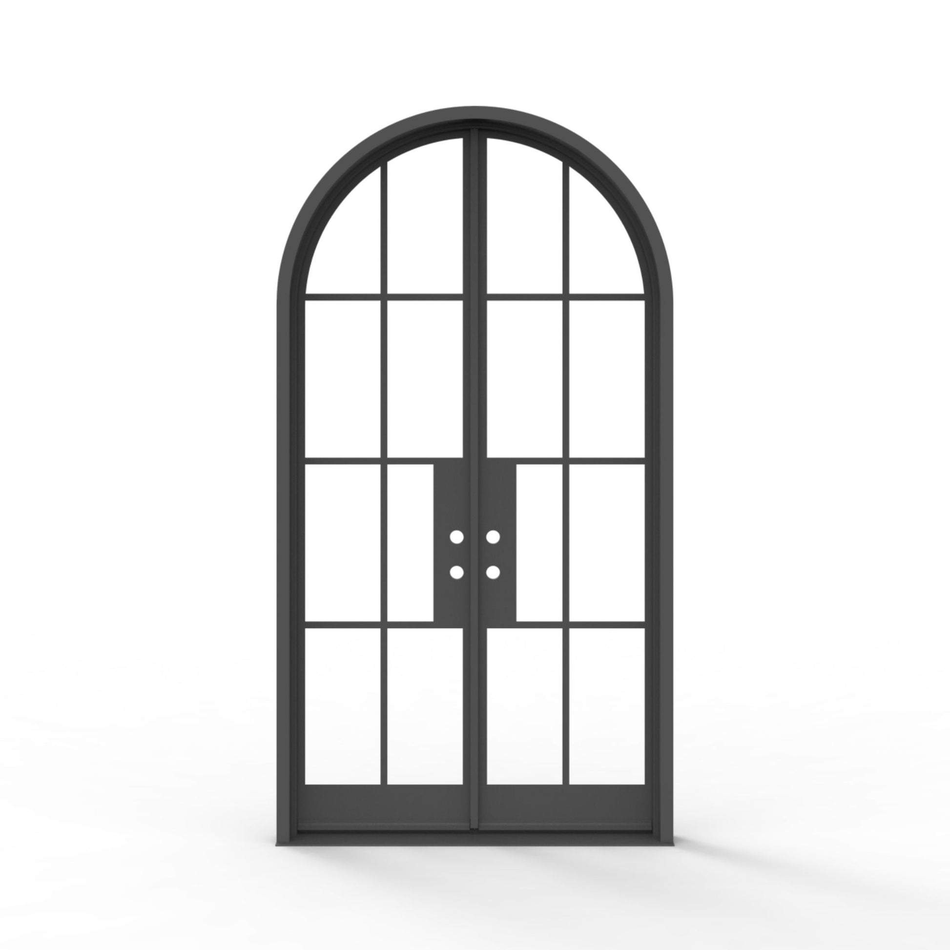 Geoffrey double wrought iron entry door 60x112 inches, matte black finish with full arch top, clear glass multi-lite grid panels on both doors