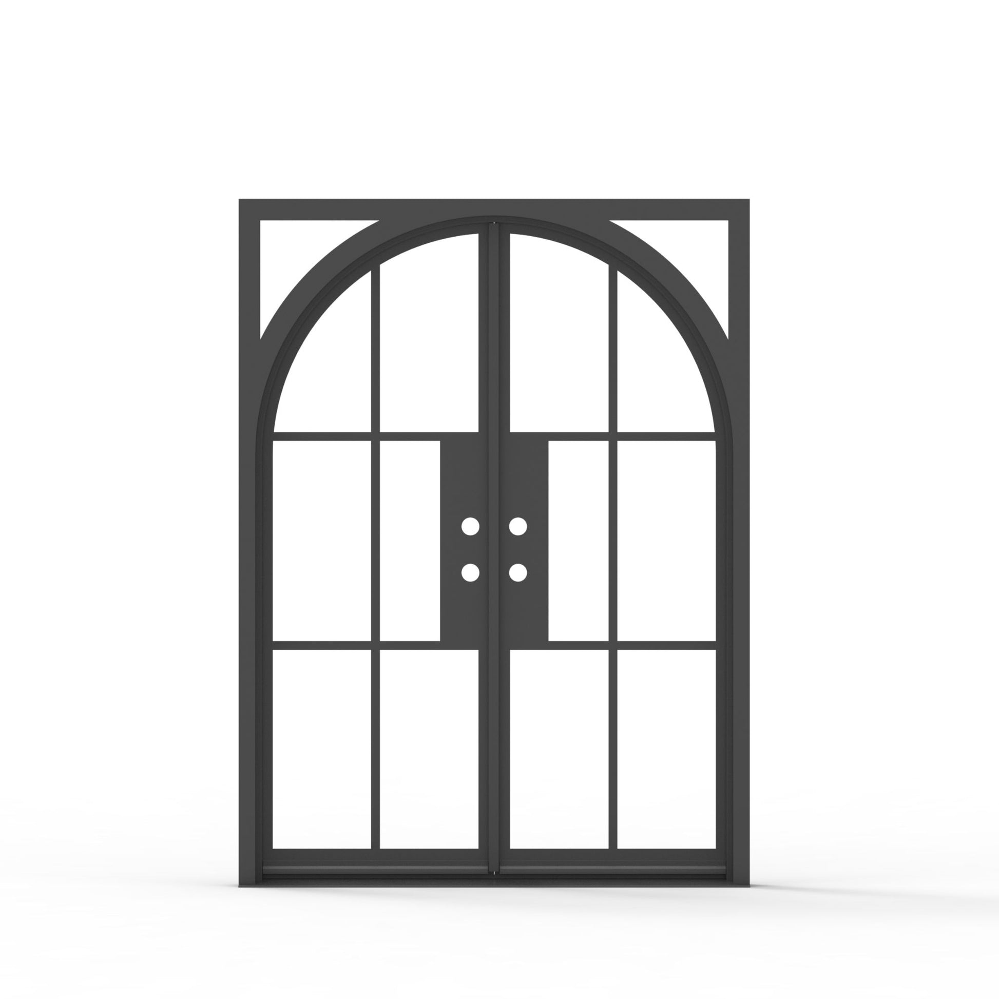 Geoffrey double wrought iron entry door 60x80 inches, matte black finish with arch top and rectangular transom frame, clear glass multi-lite grid panels on both doors