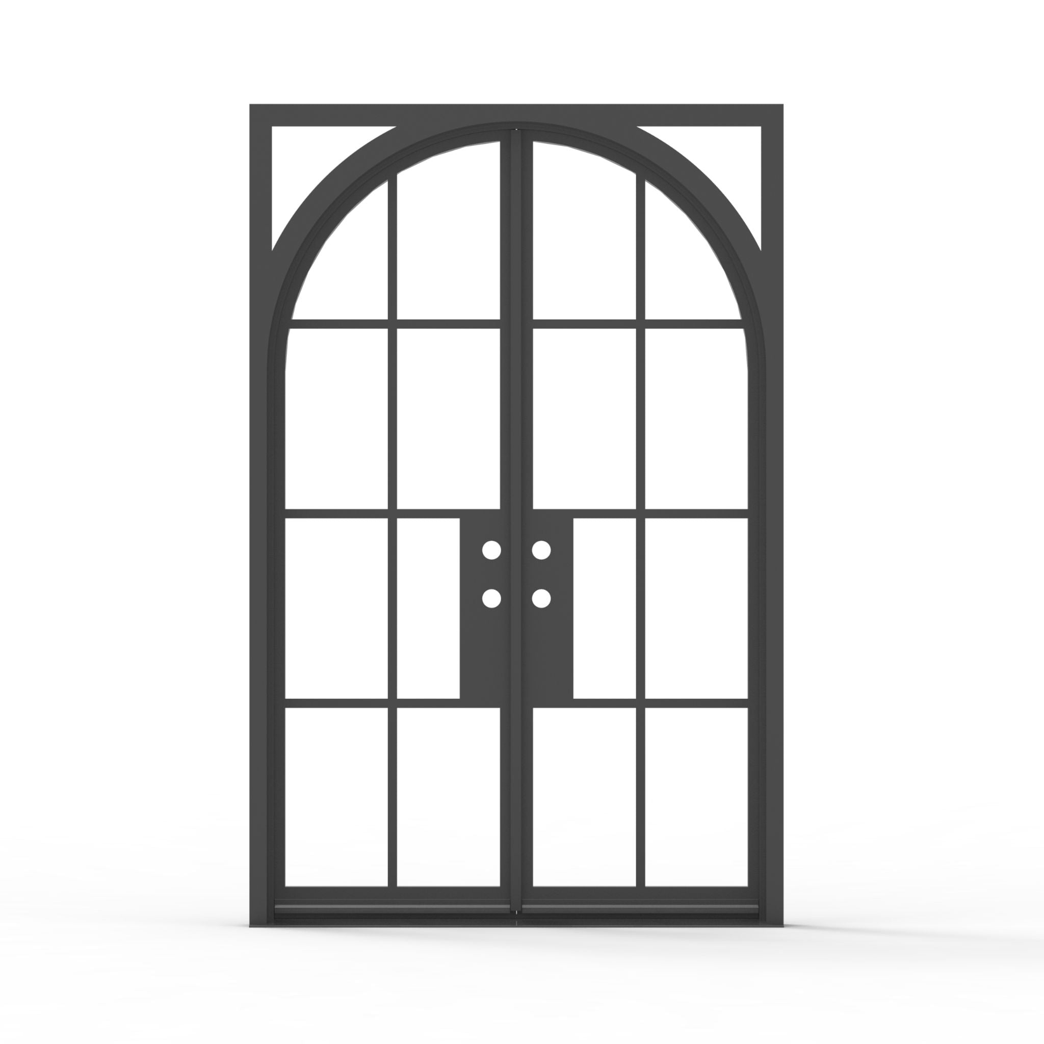Geoffrey double wrought iron entry door 60x92 inches, matte black finish with arch top and rectangular transom frame, clear glass multi-lite grid panels on both doors