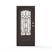 Portland single wrought iron entry door 36x80 inches, left-hand inswing, dark bronze finish with arched top, full-length decorative scrollwork and vertical bar ironwork on flemish glass panel, raised bottom panel and ornamental corner accents